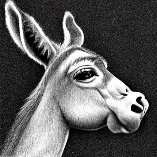 funny donkey looking straight ahead pencil drawing in black with