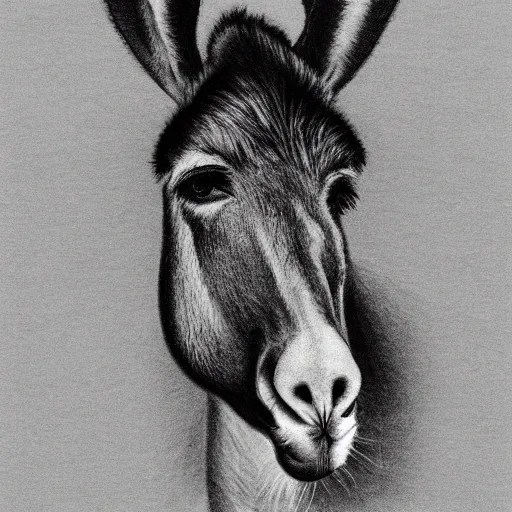 funny donkey looking straight ahead pencil drawing in black with