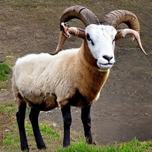 a ram with two horns, standing beside the canal, and the horns w