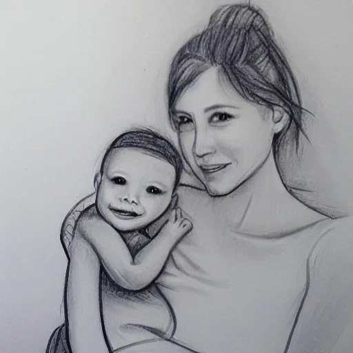 mom with her kid, cute drawing, realistic, base colors are red and blue