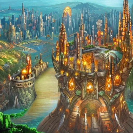 fantasy city, walls, towers, castles, magic towers, all located