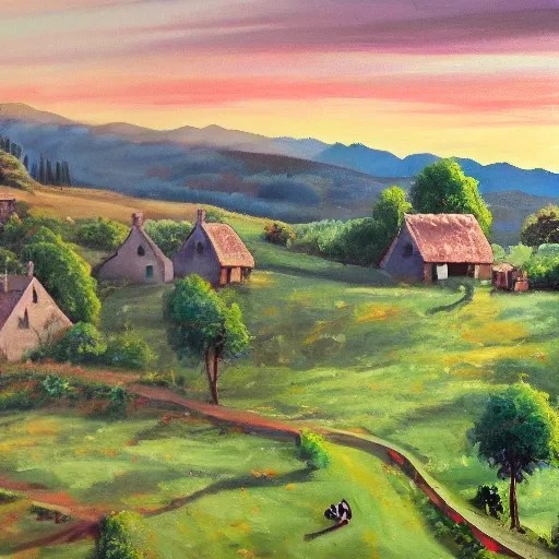 , Oil Painting,quiet village nestled amidst rolling hills,a pict