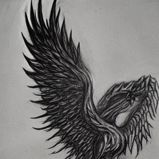 Charcoal drawing depicting a griffin, wings and tail in flames