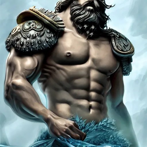 Ancient muscular greek god poseidon, angry, 40k, portrait, fanta