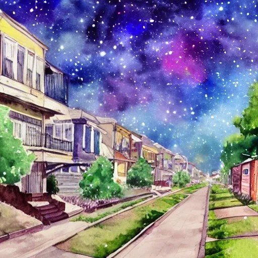 galaxy landscape street lined with old residential houses summe