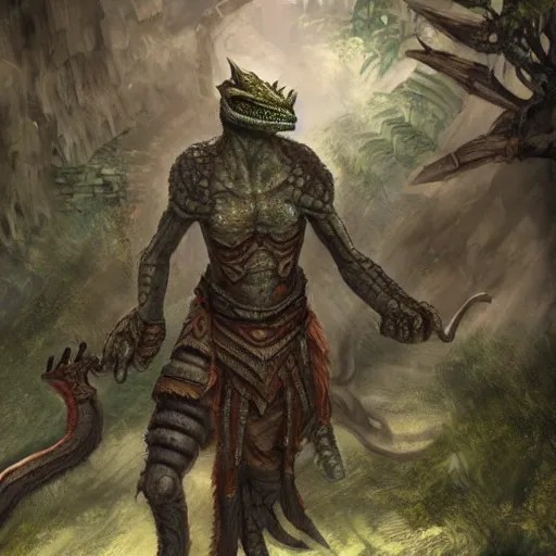 a concept art of argonian in ancient village, angry, highly deta
