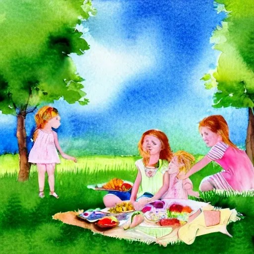 light watercolor, scene of a group of children having a picnic o