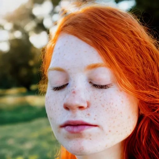 a photorealistic image of a ginger girl in her 20s, freckles aro