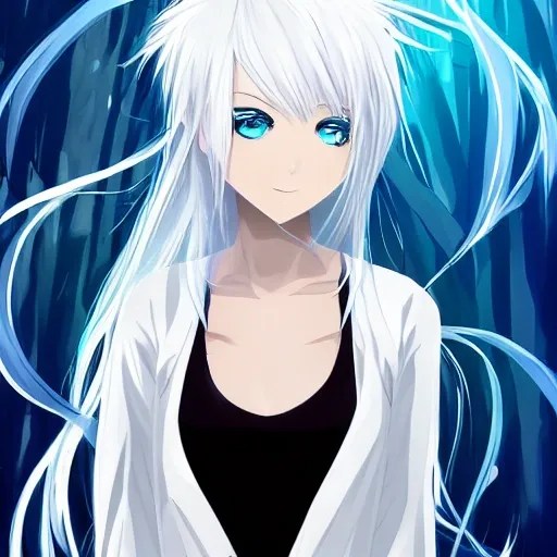 , anime, woman, white hair, black, blue eyes Arthub.ai