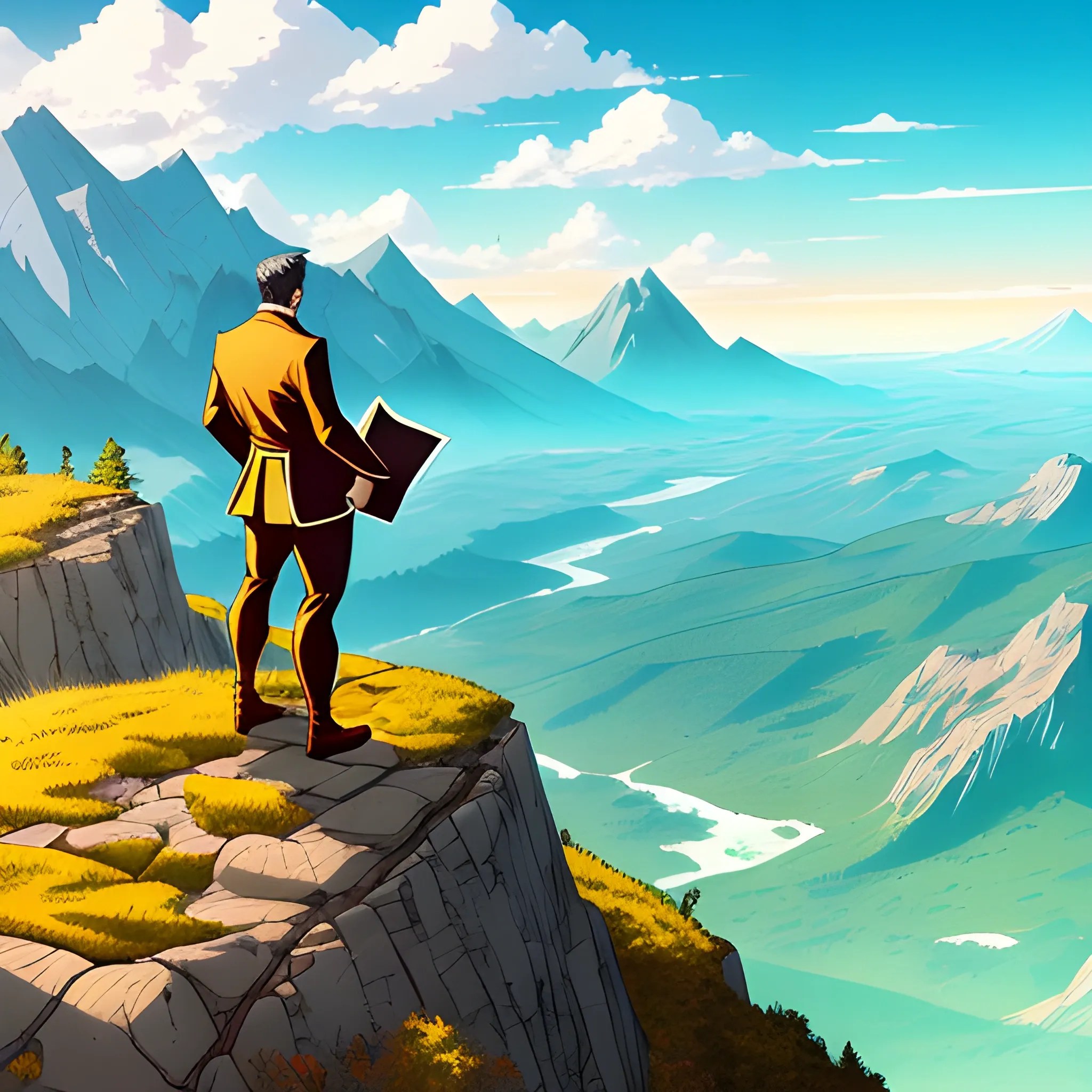 A young man with a map in hand stands on a mountaintop, looking
