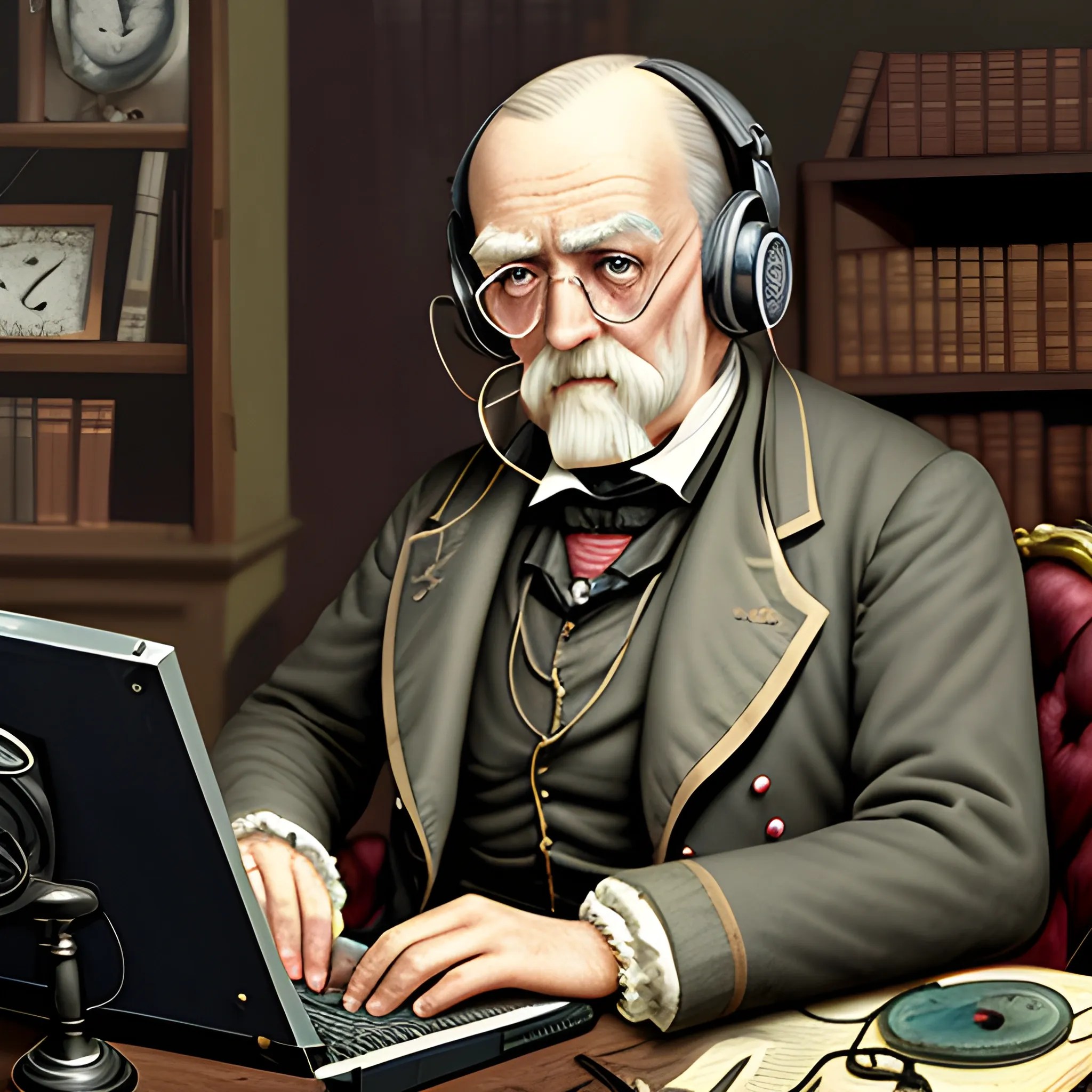 Old man from 1800s wearing a monocle looking confused traying to