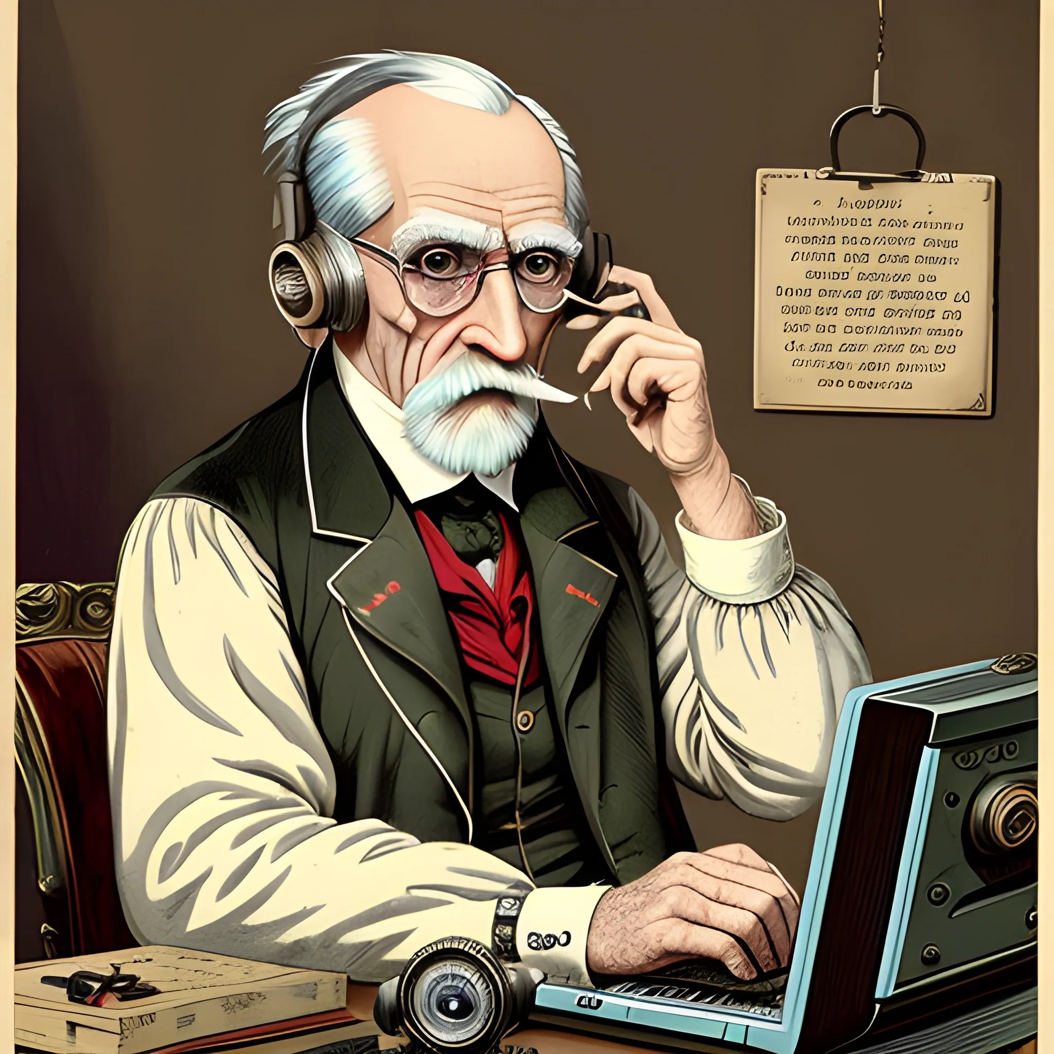 Old man from 1800s wearing a monocle looking confused traying to