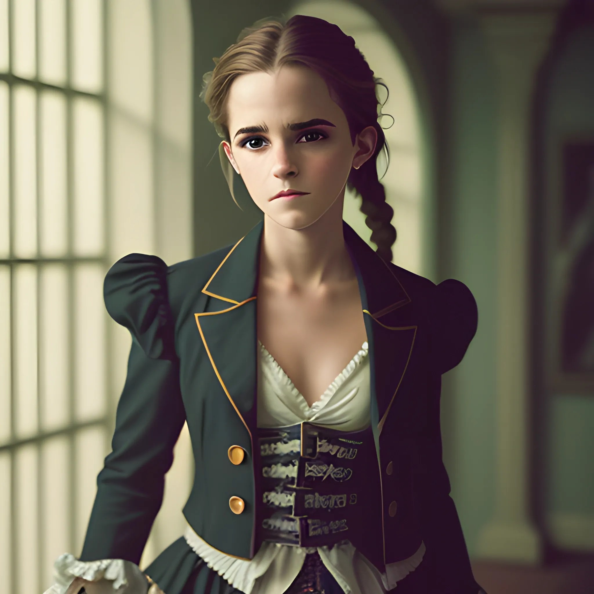 a bold full body pose of Emma Watson, in pirate suite, masterpice, huge brazes, beautiful