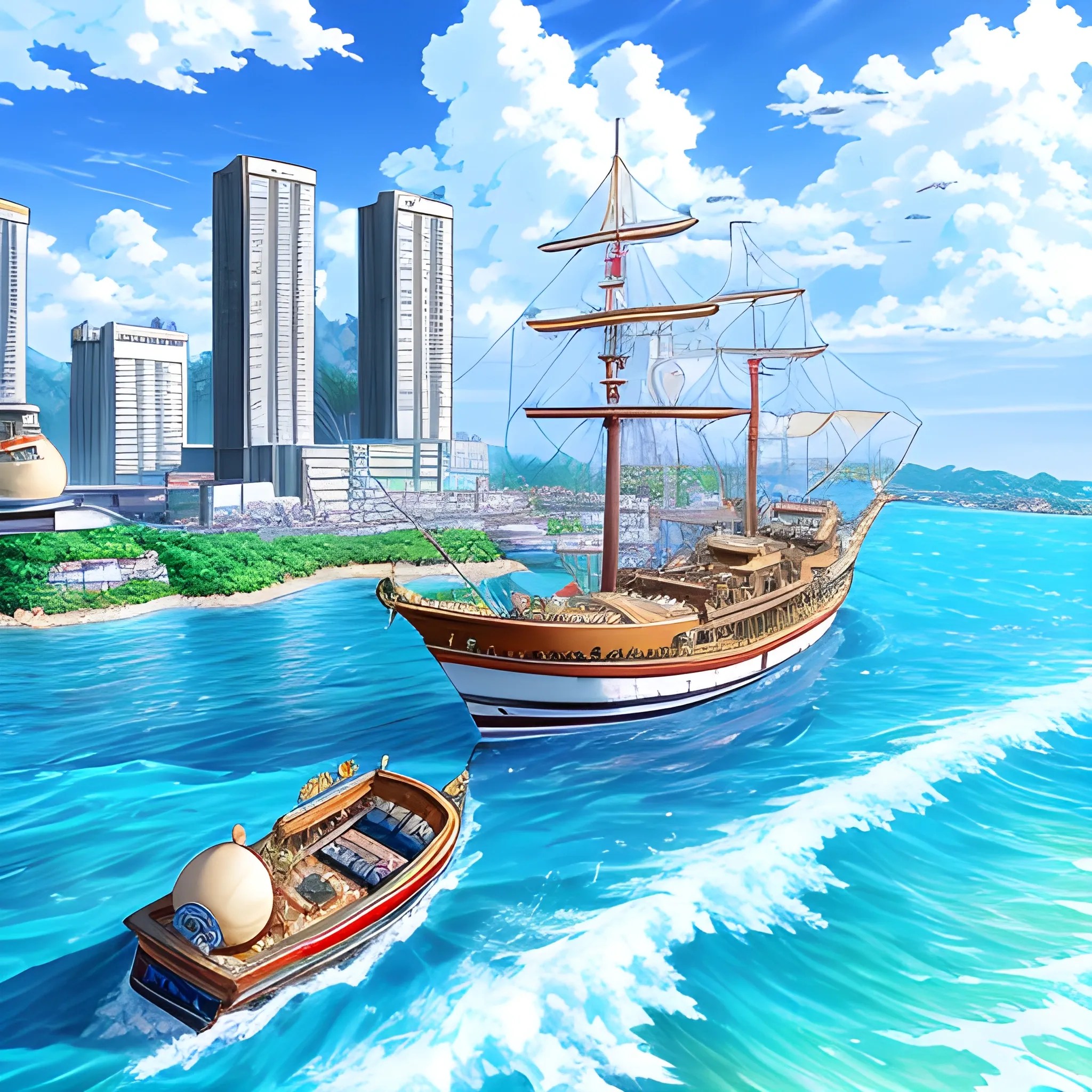Anime city, one piece , landscape view, boat in ocean, ultra rea