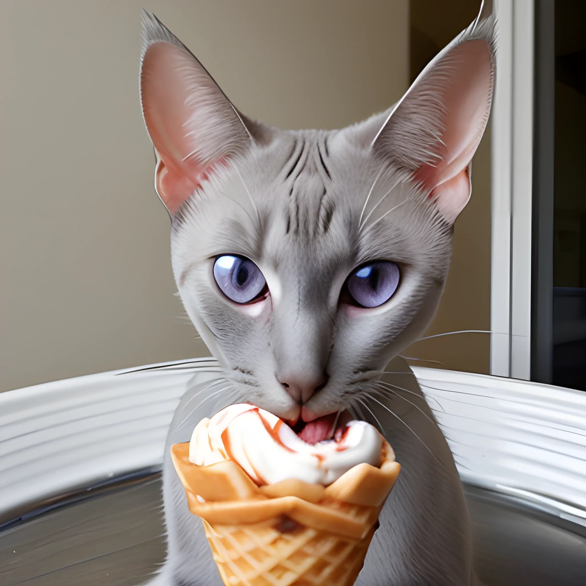 gray point siamese cat eating ice cream in a waffle cone Arthub.ai