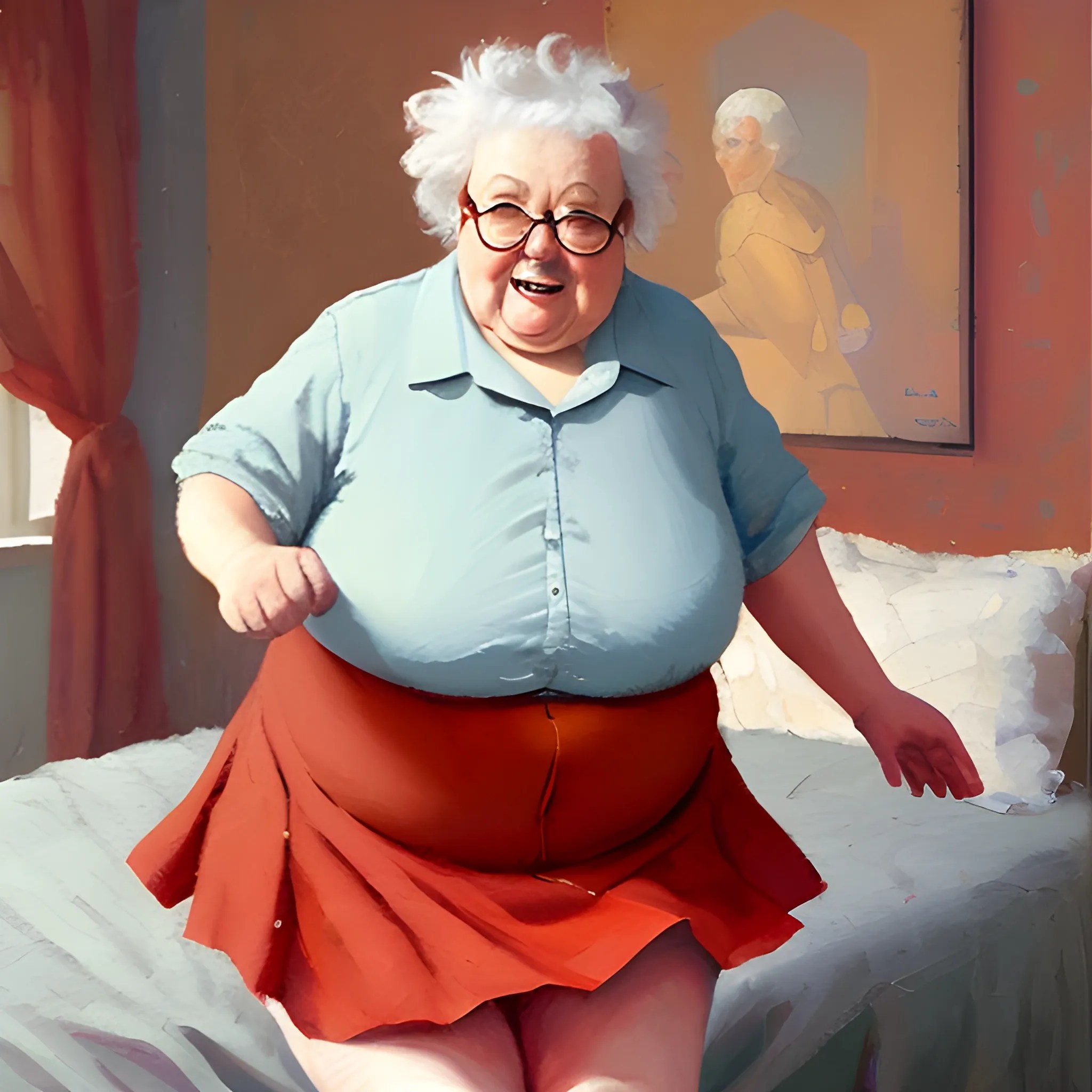 fat grandma, jumping on bed, short red Voile miniskirt, muted colors