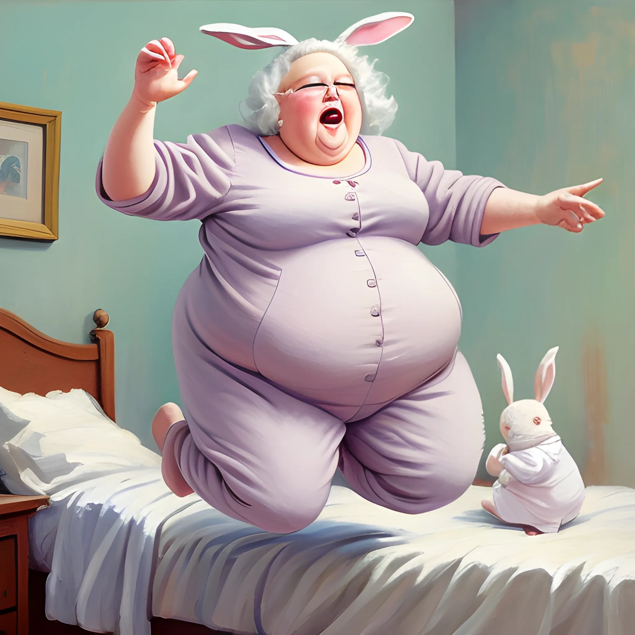 fat grandma, jumping on bed, romper suit with bunnies muted colo