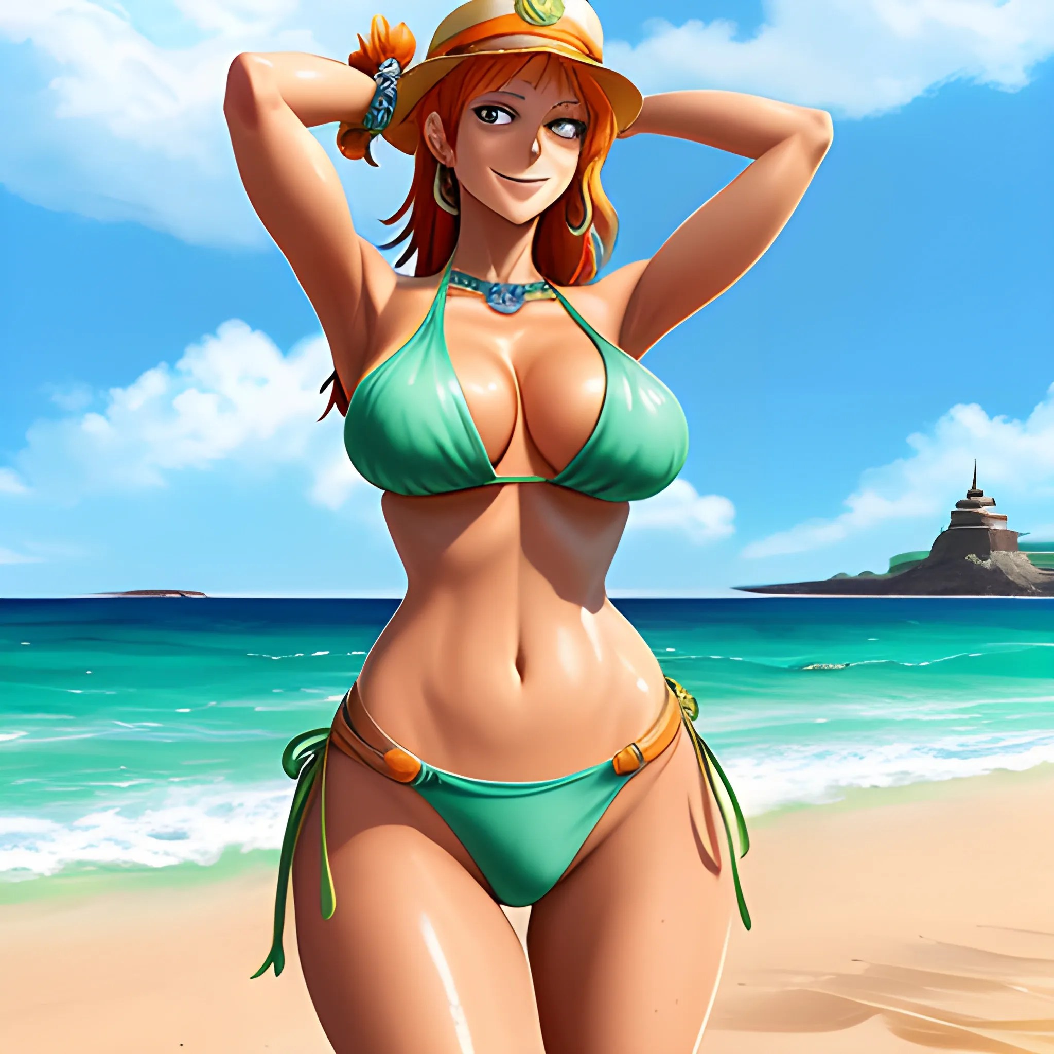 nami \(one piece\), 1girl, bangle, bangs, bare shoulders, belt