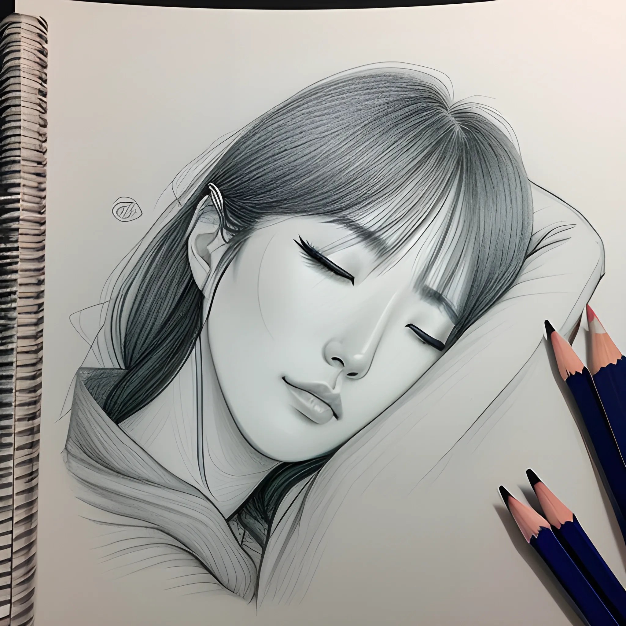 sleeping cute korean girl in depth of sea focus on its face, Pen