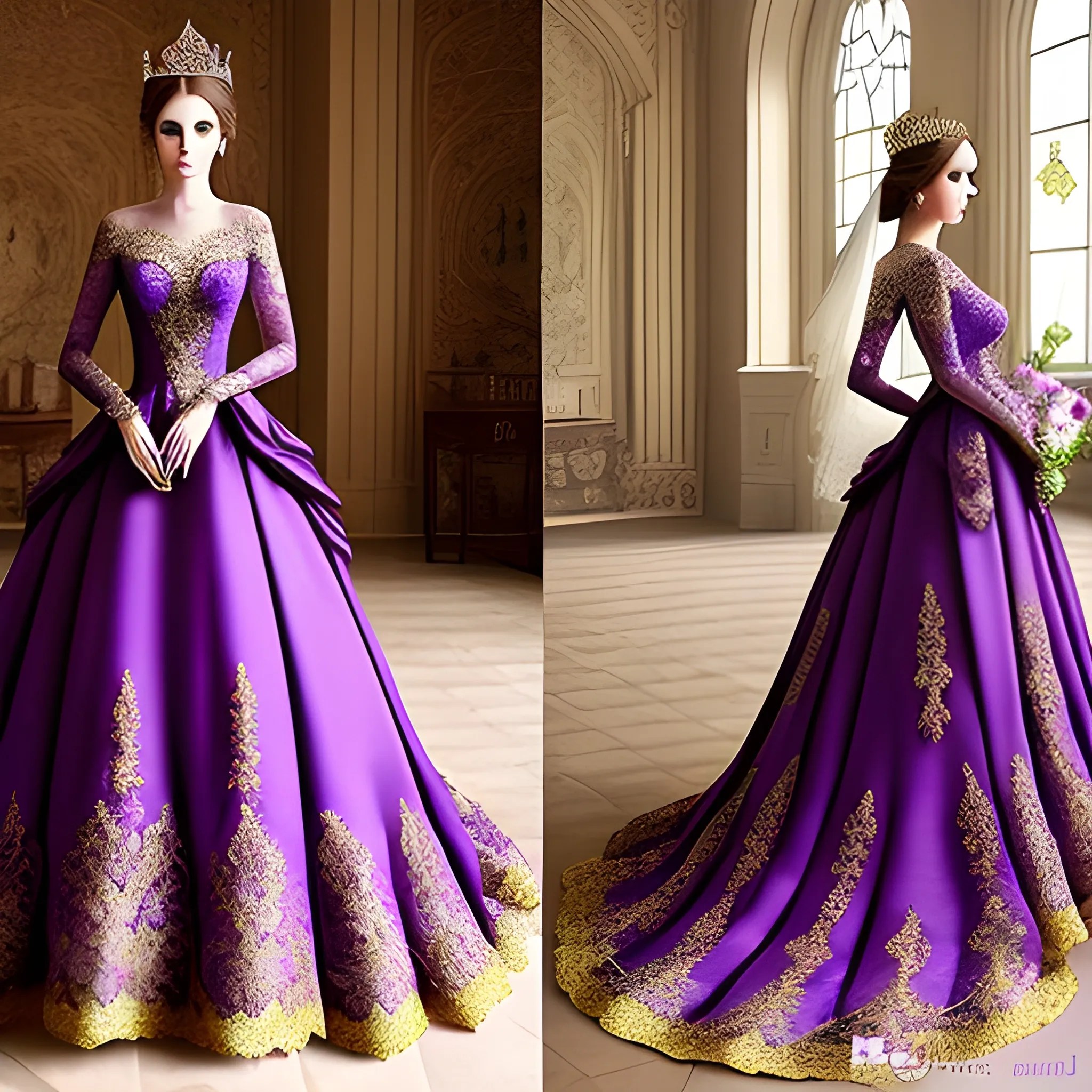 Intricate fantasy wedding gown purple and gold lace goddess trai