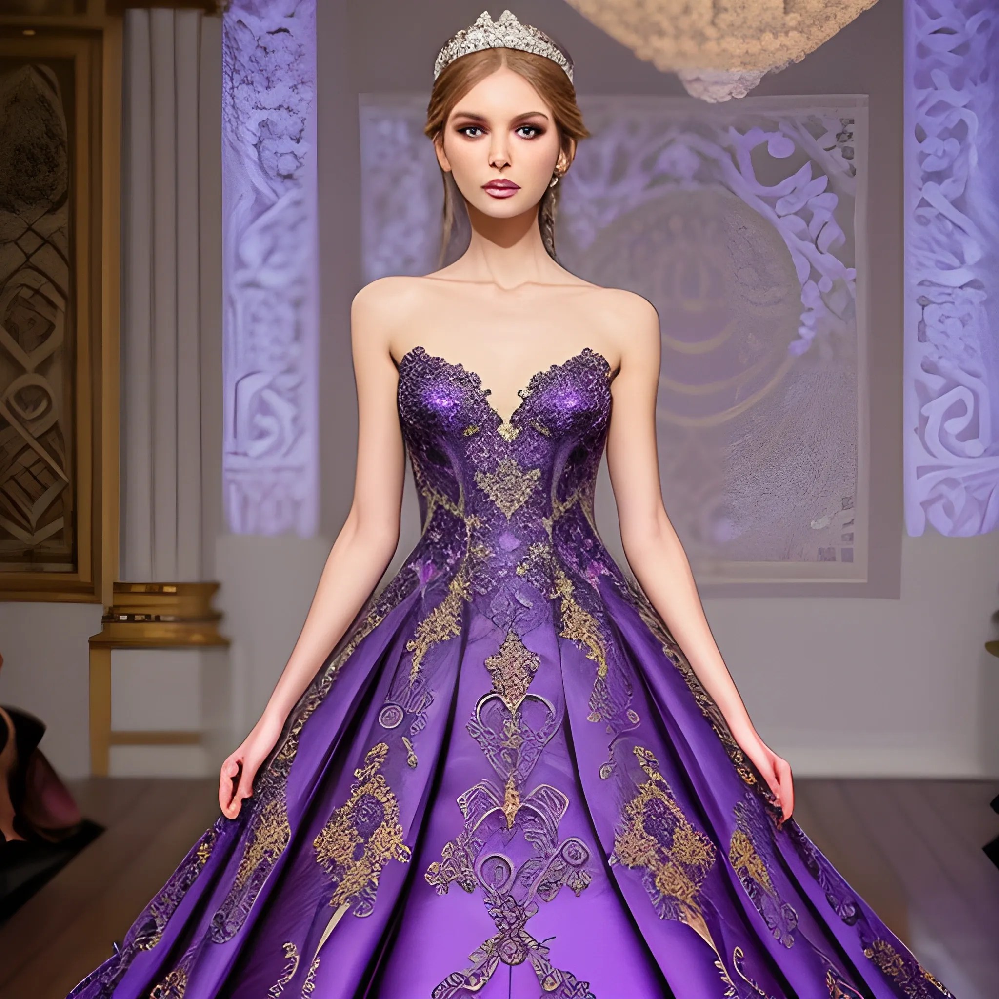 Intricate detail fantasy wedding gown purple and gold lace goddess