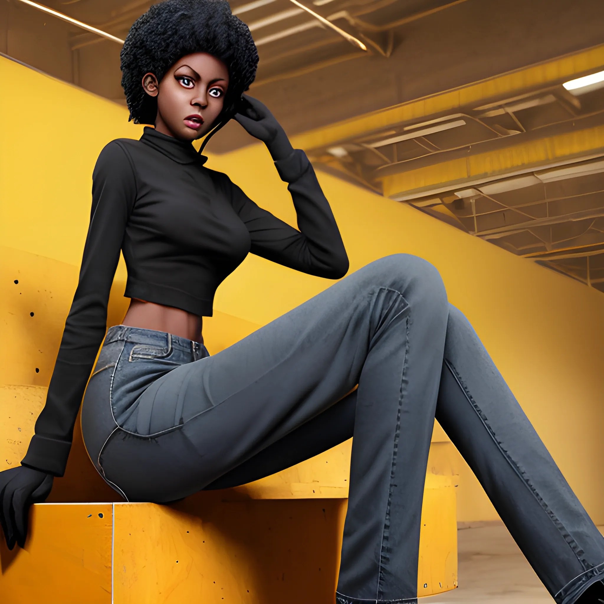 anthropomorphic black female cat, yellow eyes, jeans, no blouse