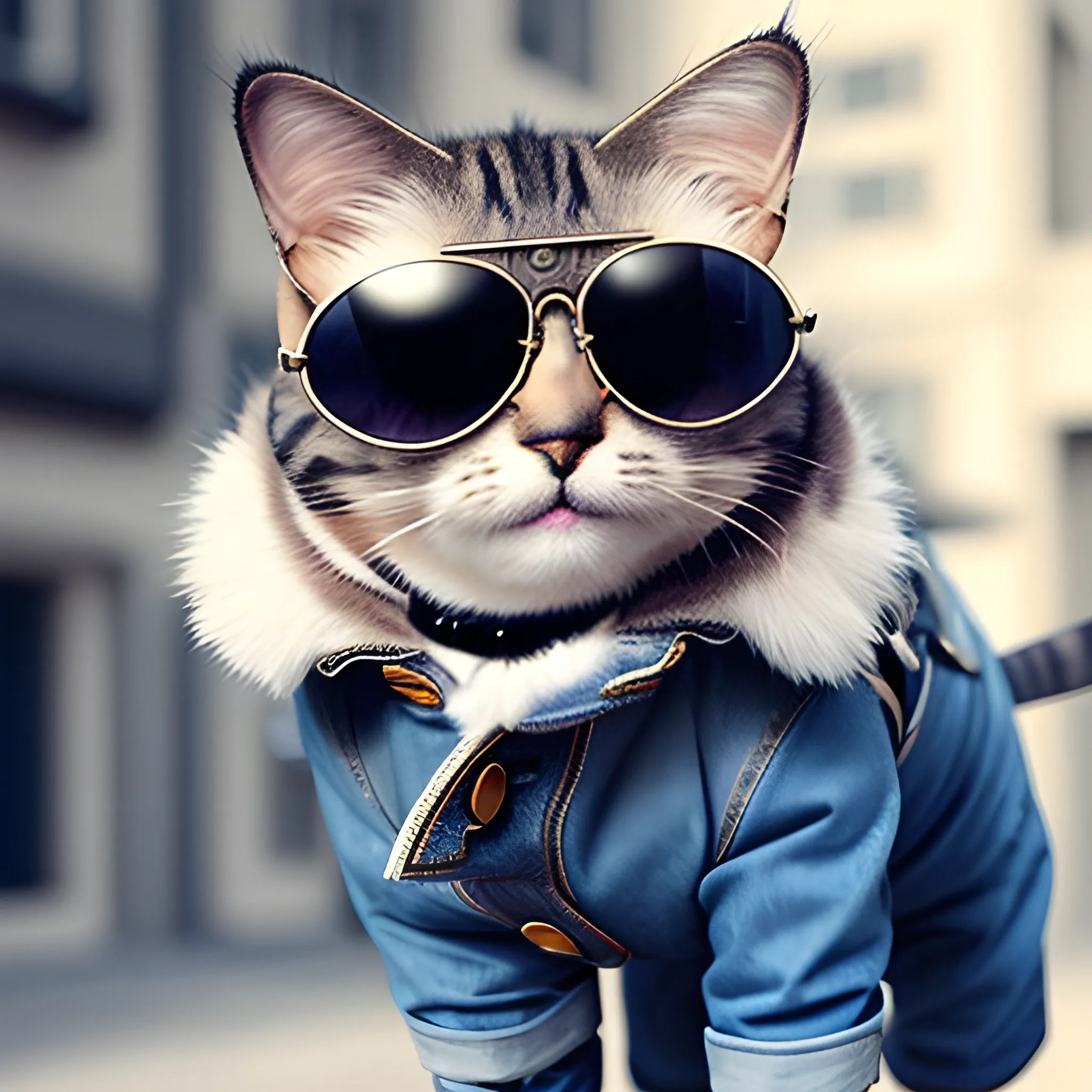 a cat with jeans and a coat and aviator glasses walking in a fas