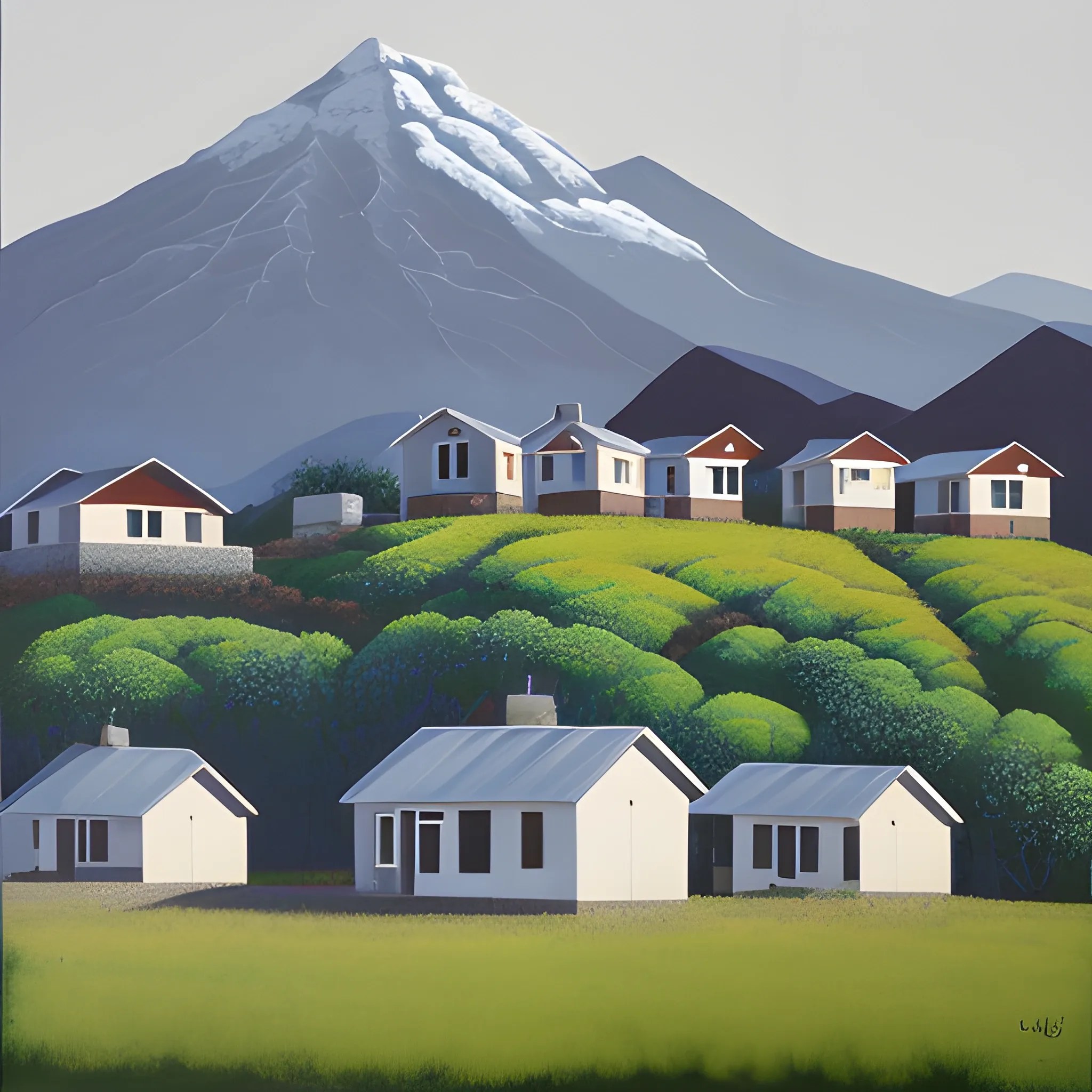 acrylic painting, house, mountain town, simple, contemporary, go