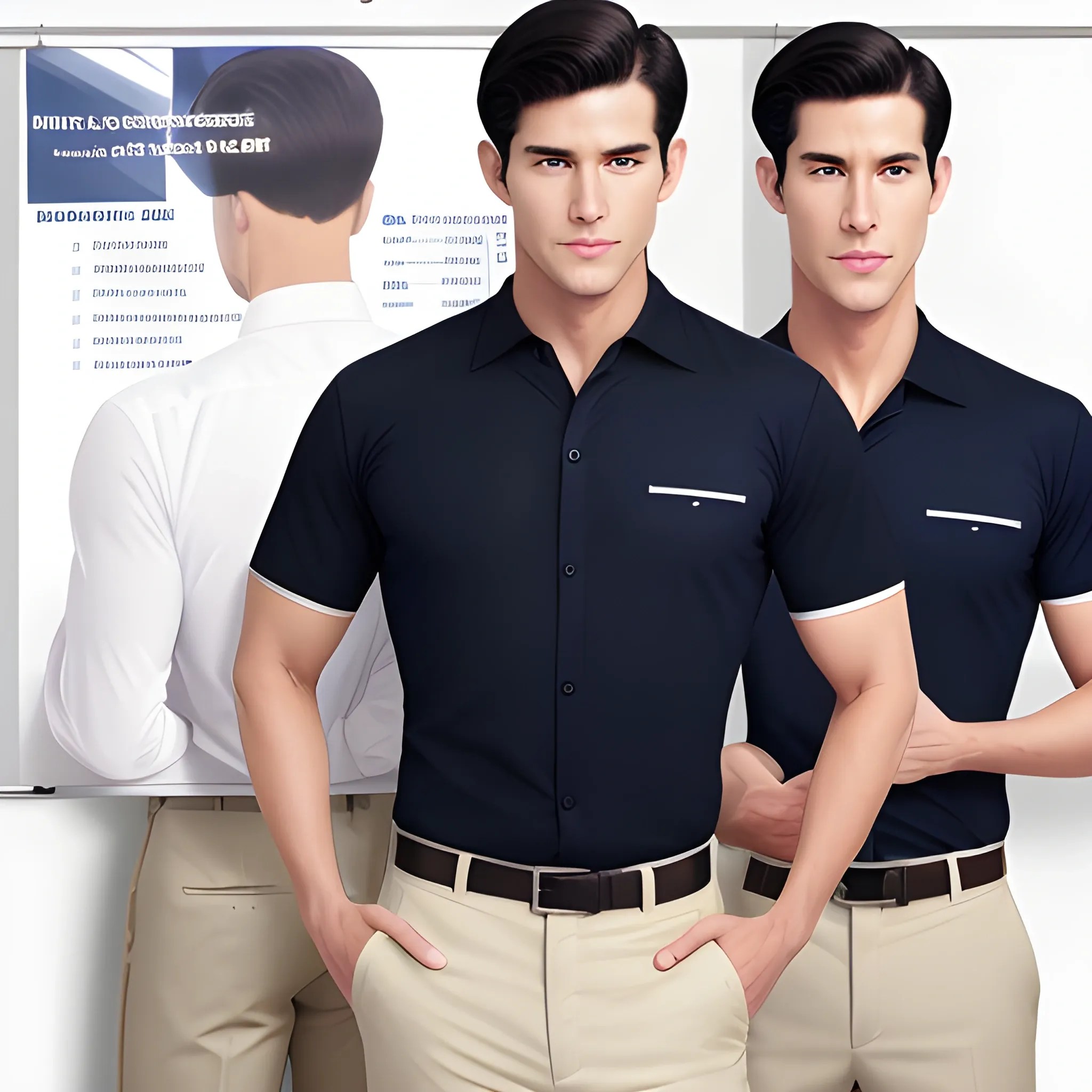 handsome men, standing in front of poster board, office uniform
