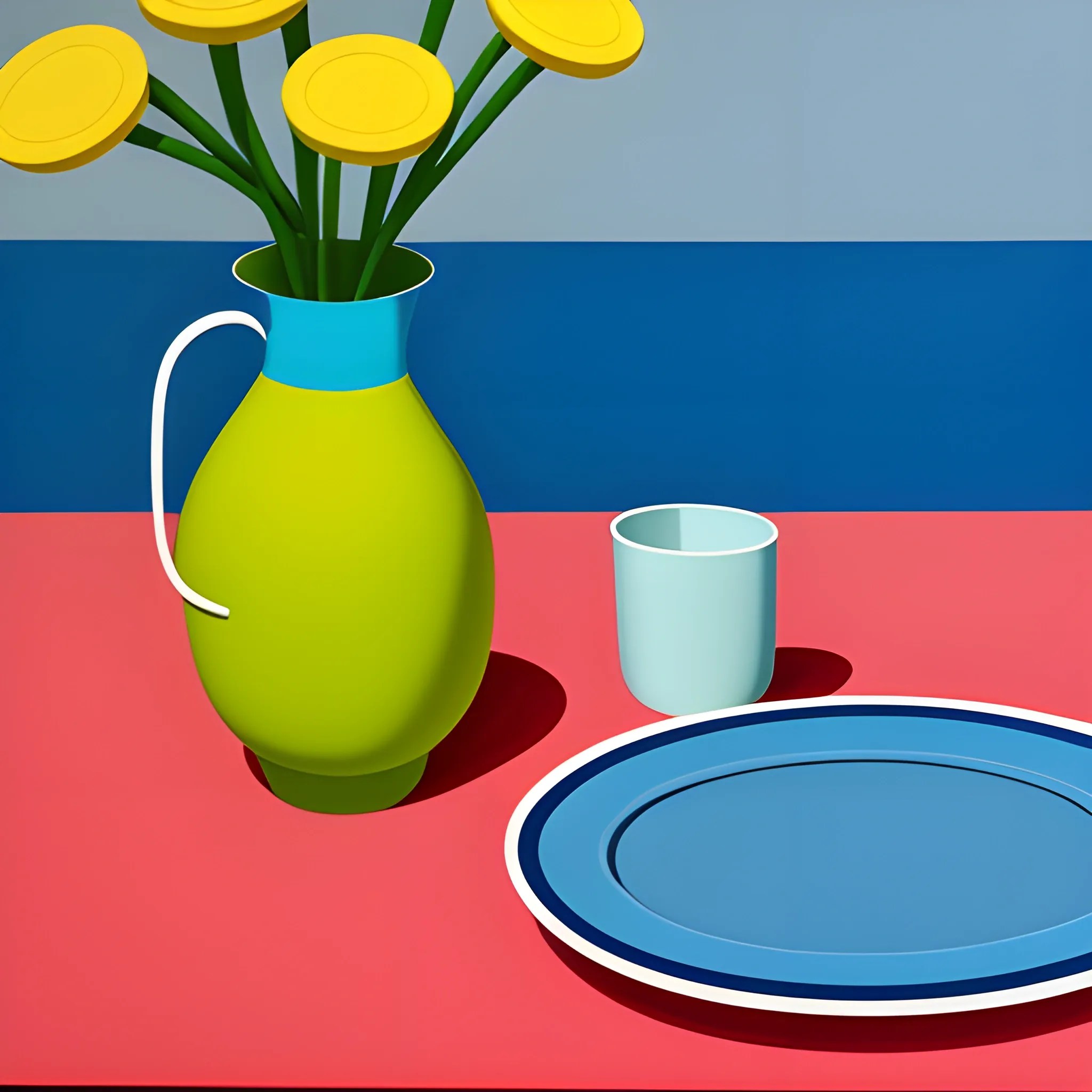 close up shot of items on a table, vase, cup, plates, nautical