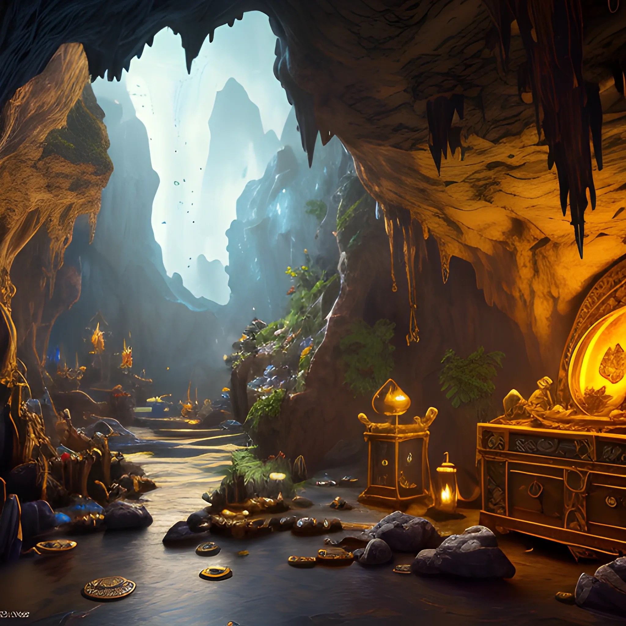 cave with treasure, view from inside, treasures, chests, gold, c