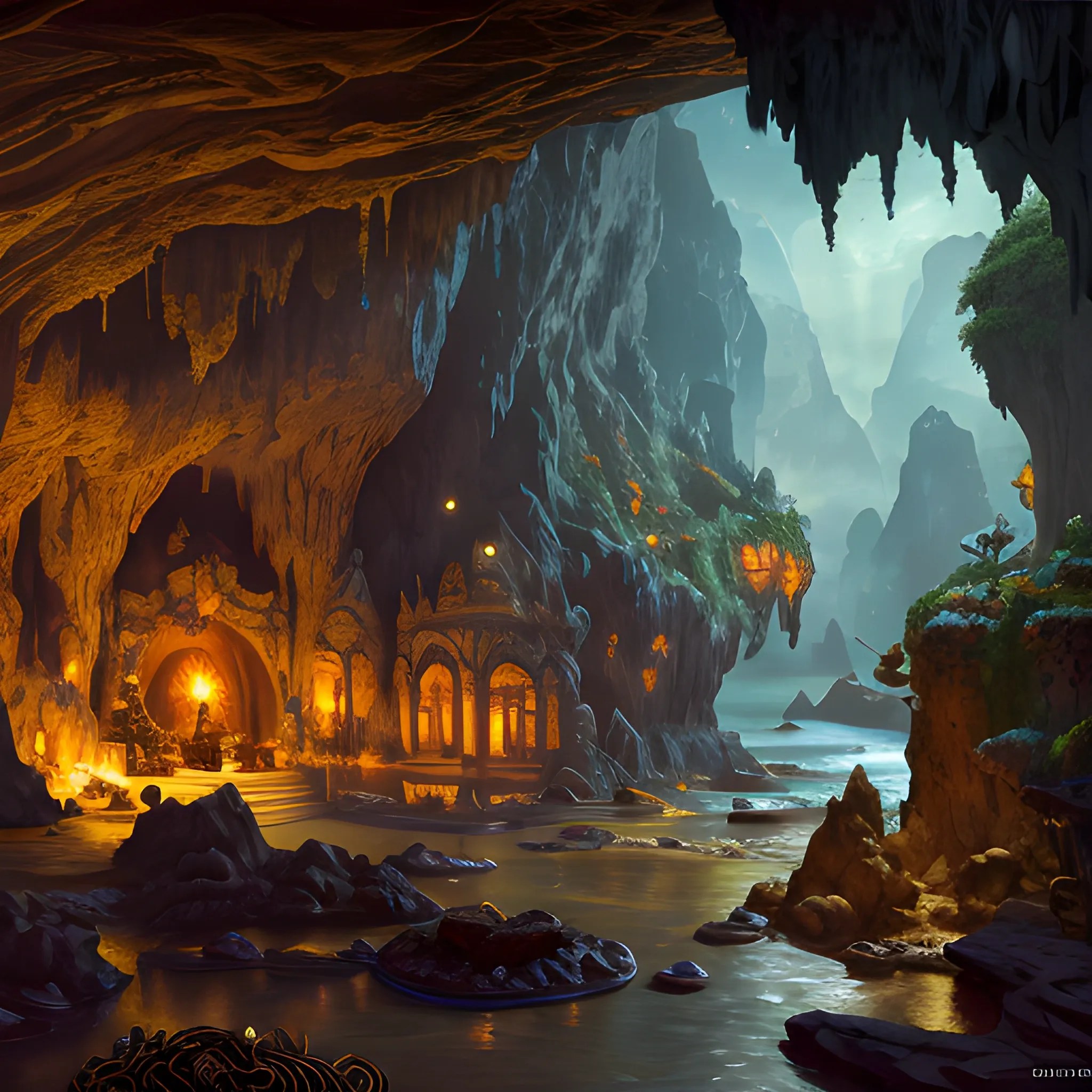 cave with treasure, view from inside, treasures, chests, gold, c