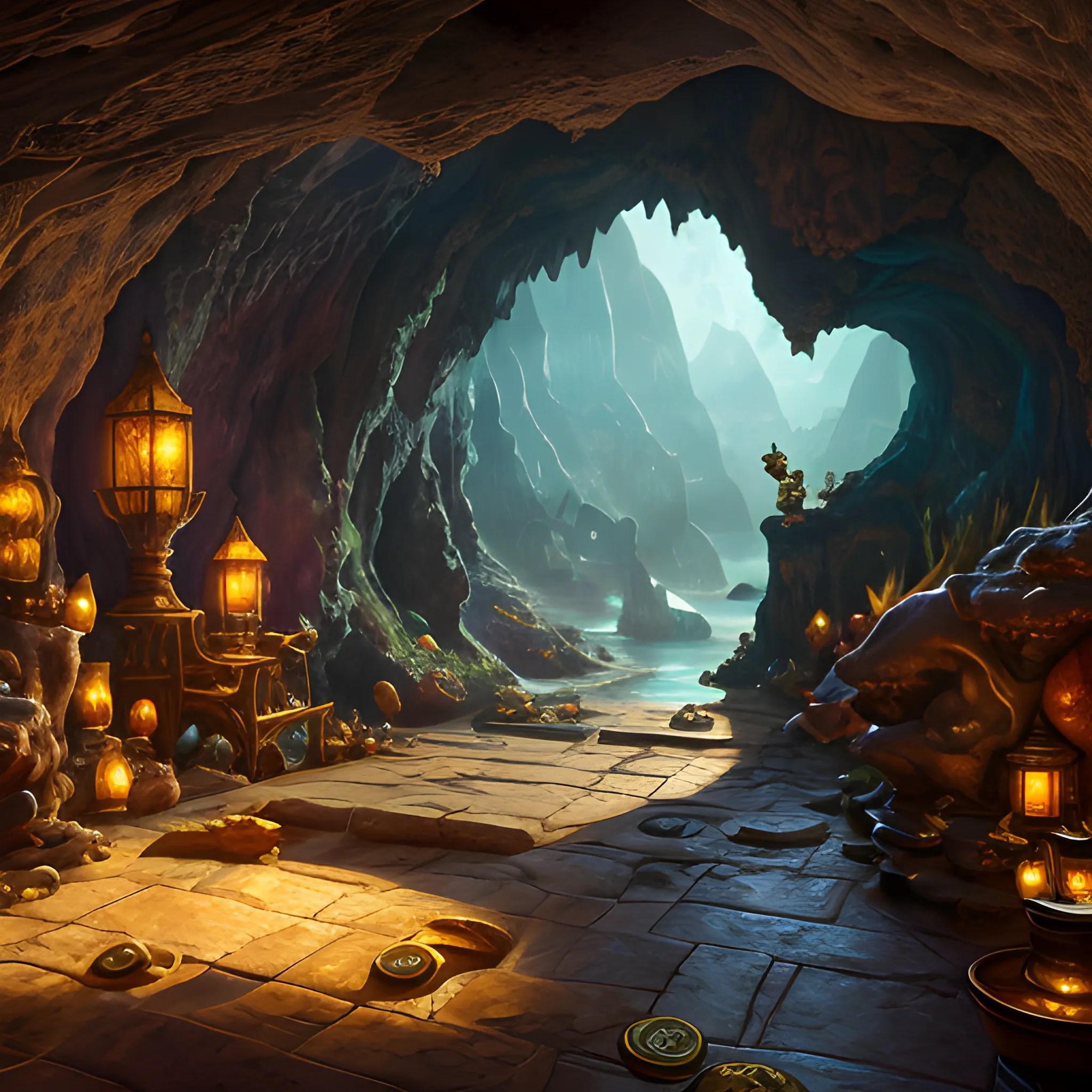 cave with treasure, view from inside, treasures, chests, gold, c