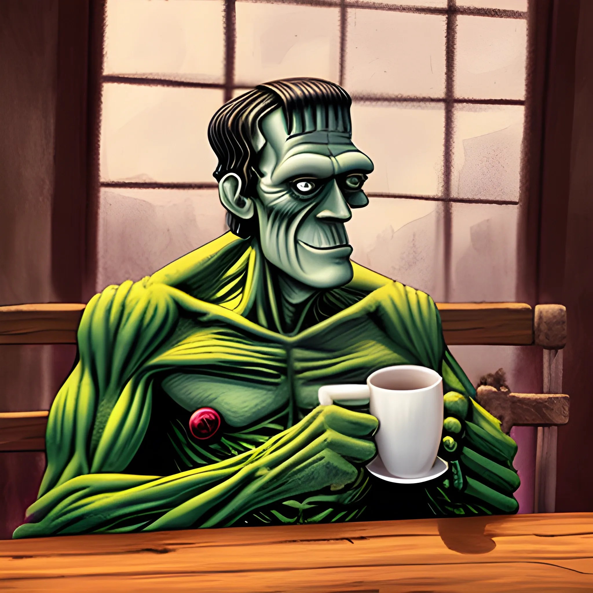 Frankenstein Monster drinking coffee, Cartoon Arthub.ai