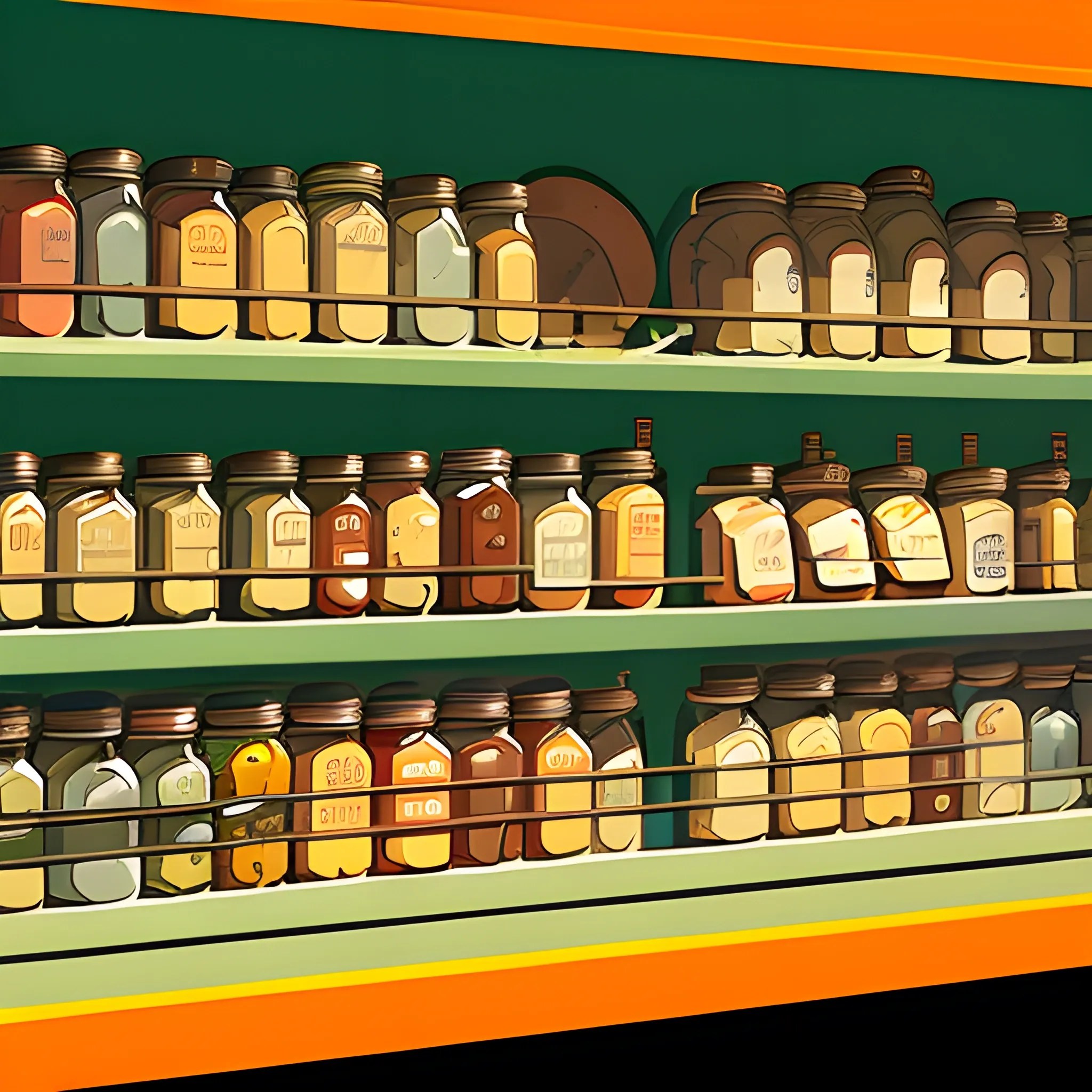 close up view of general store shelf with many jars and tins, pi