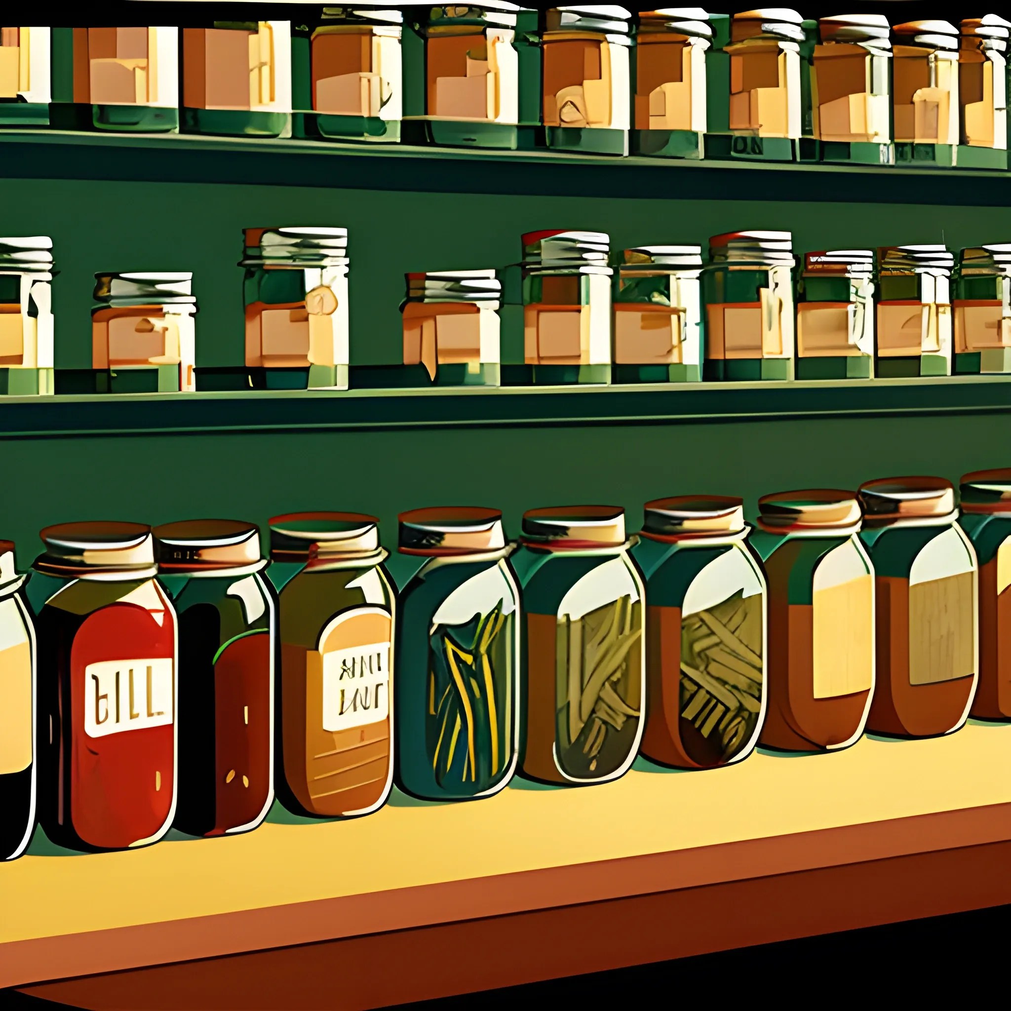 close up view of general store shelf with many jars and tins, te
