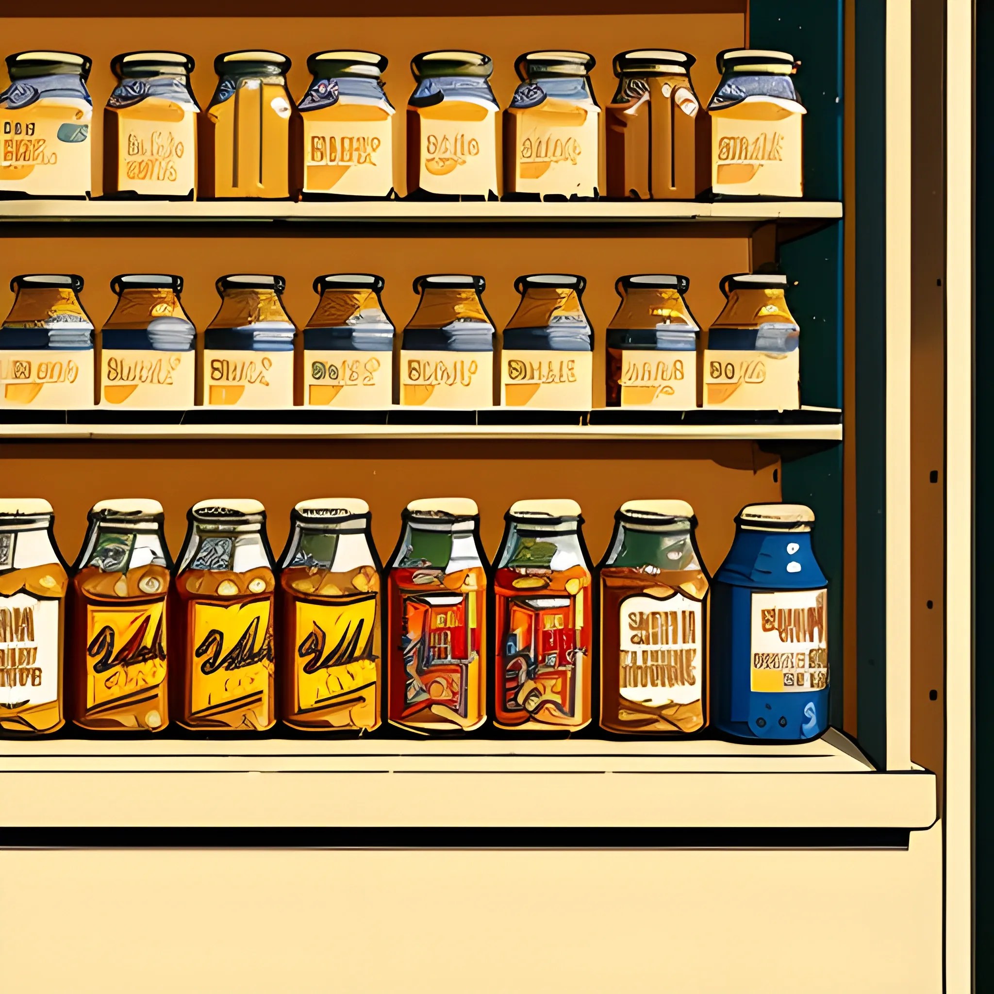 close up view of general store shelf with jars and cans, jam, ho