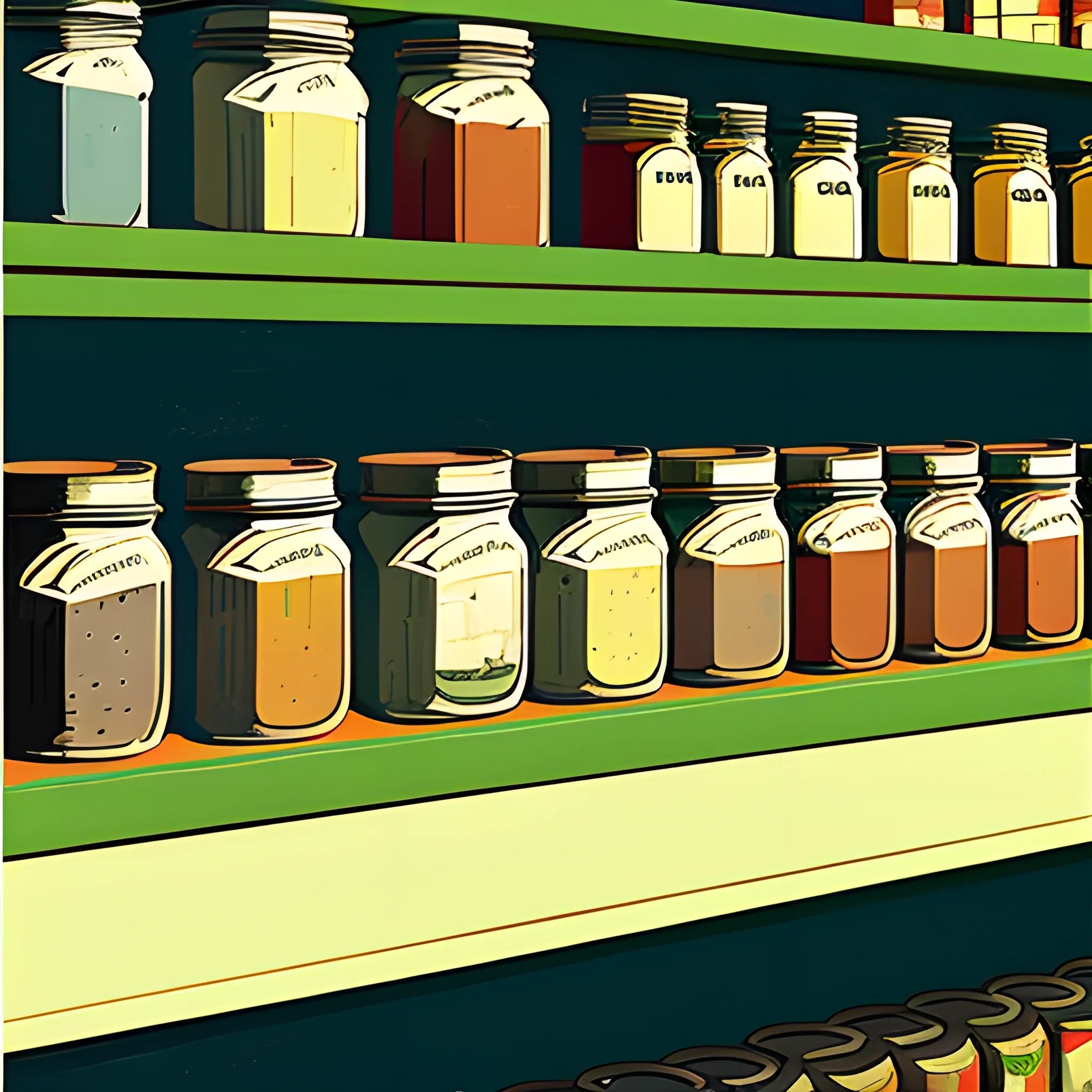 close up view of general store shelf with many jars and tins, ve