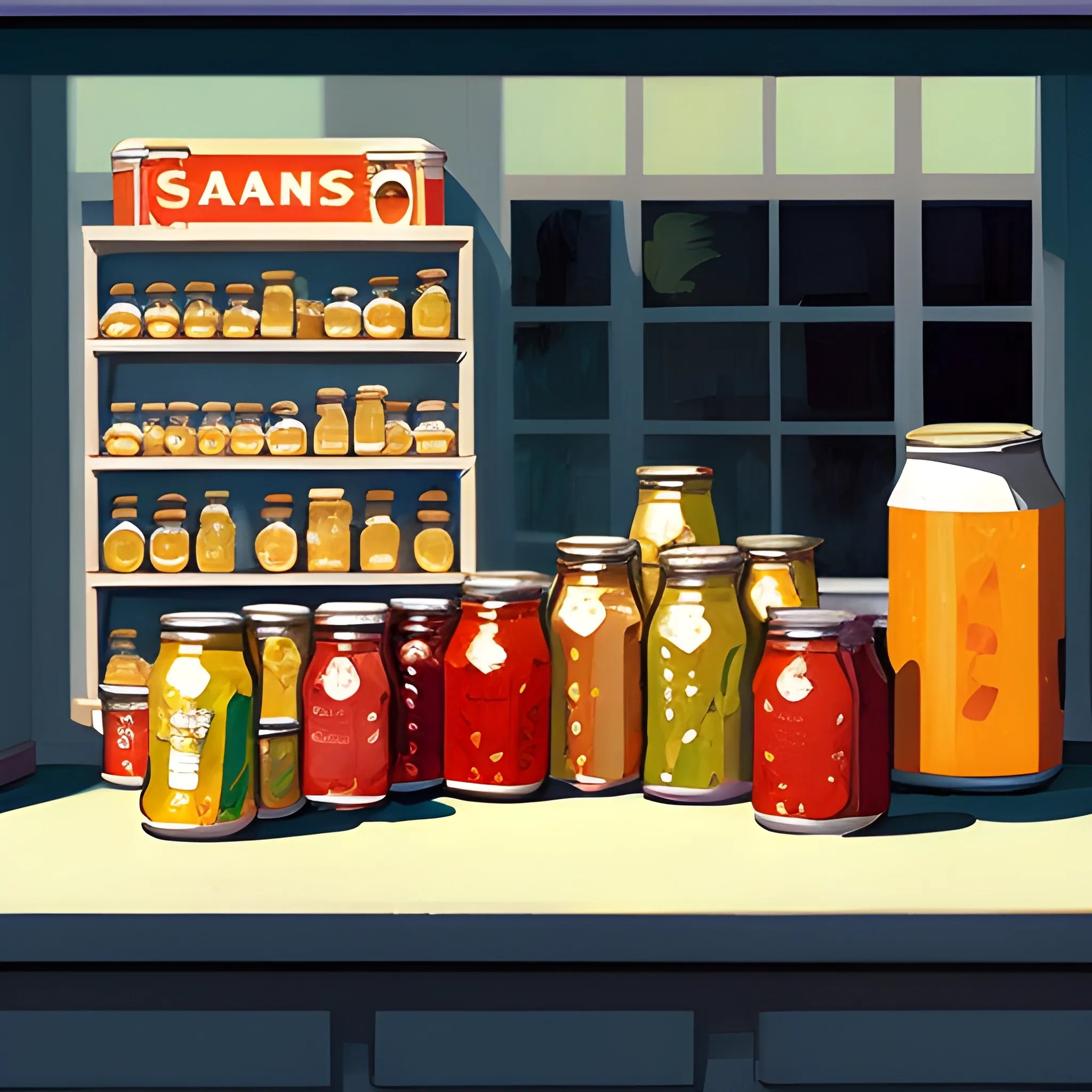close up view of general store shelf with jars and cans, preserv