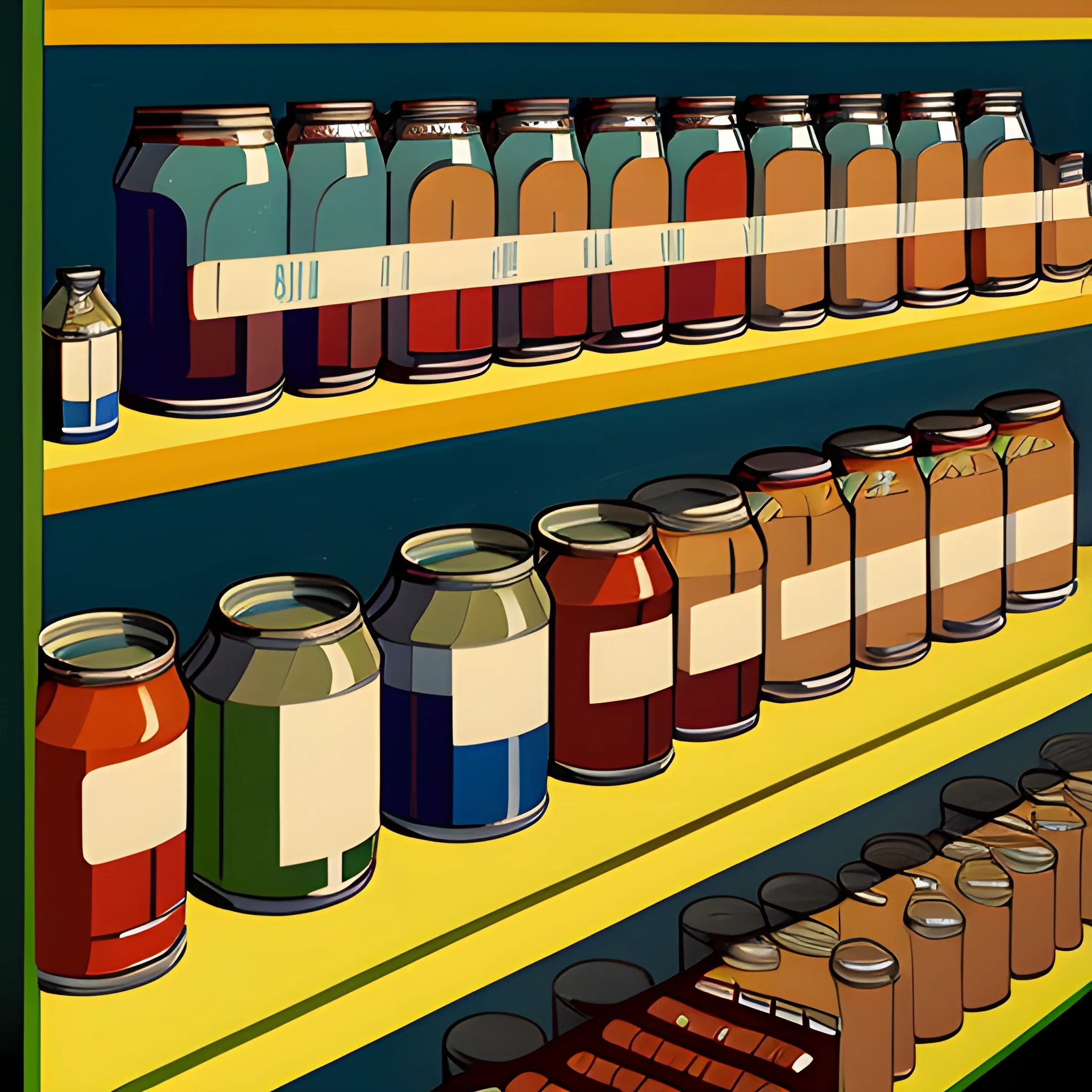 close up view of general store shelf with jars and cans, preserv