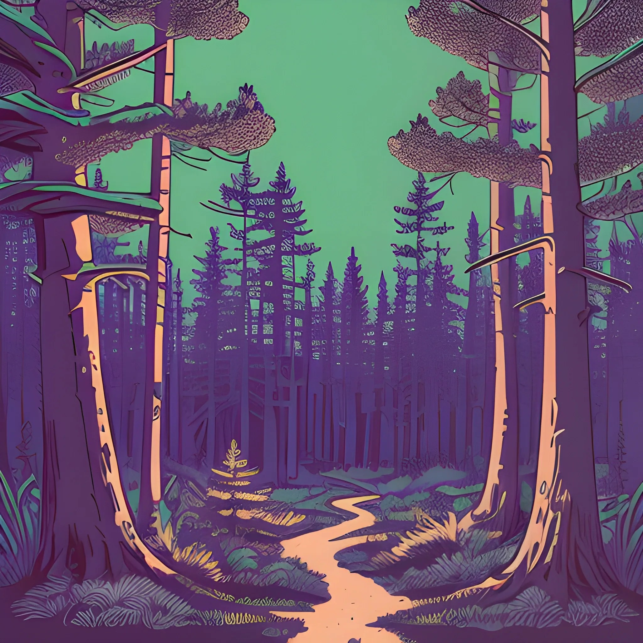 A detailed illustration, pine forest at night, sharp focus , ful