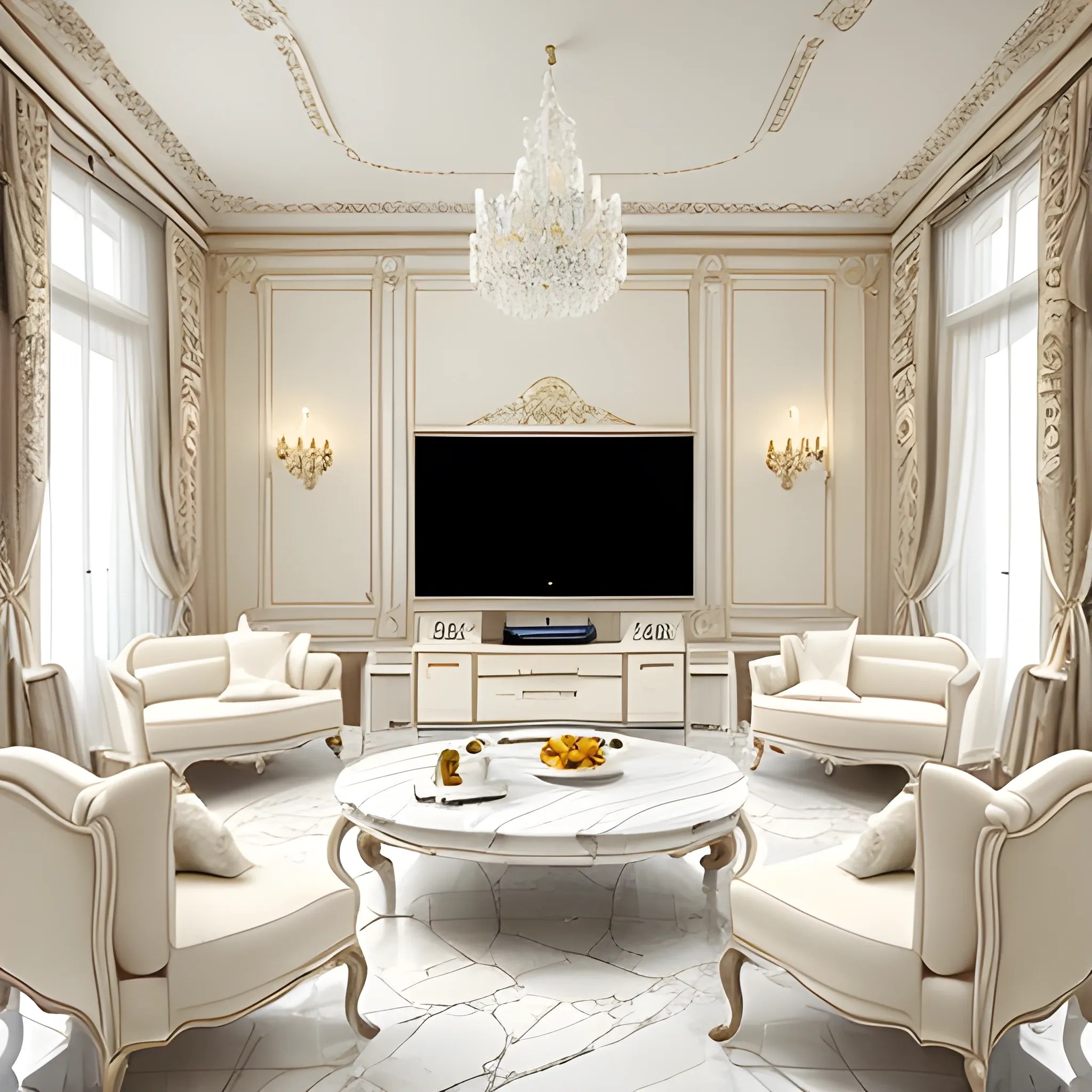 French style living room with a beautiful white marble table bet