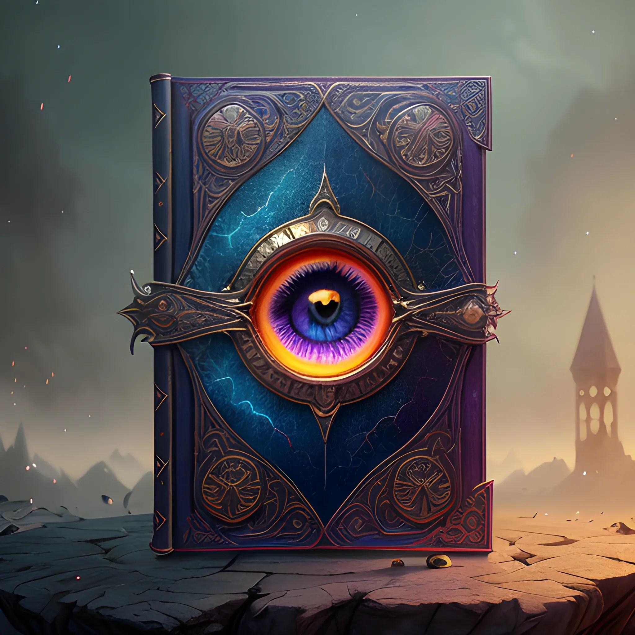 book with eye on the cover, magic book, spell book, 8k, high res