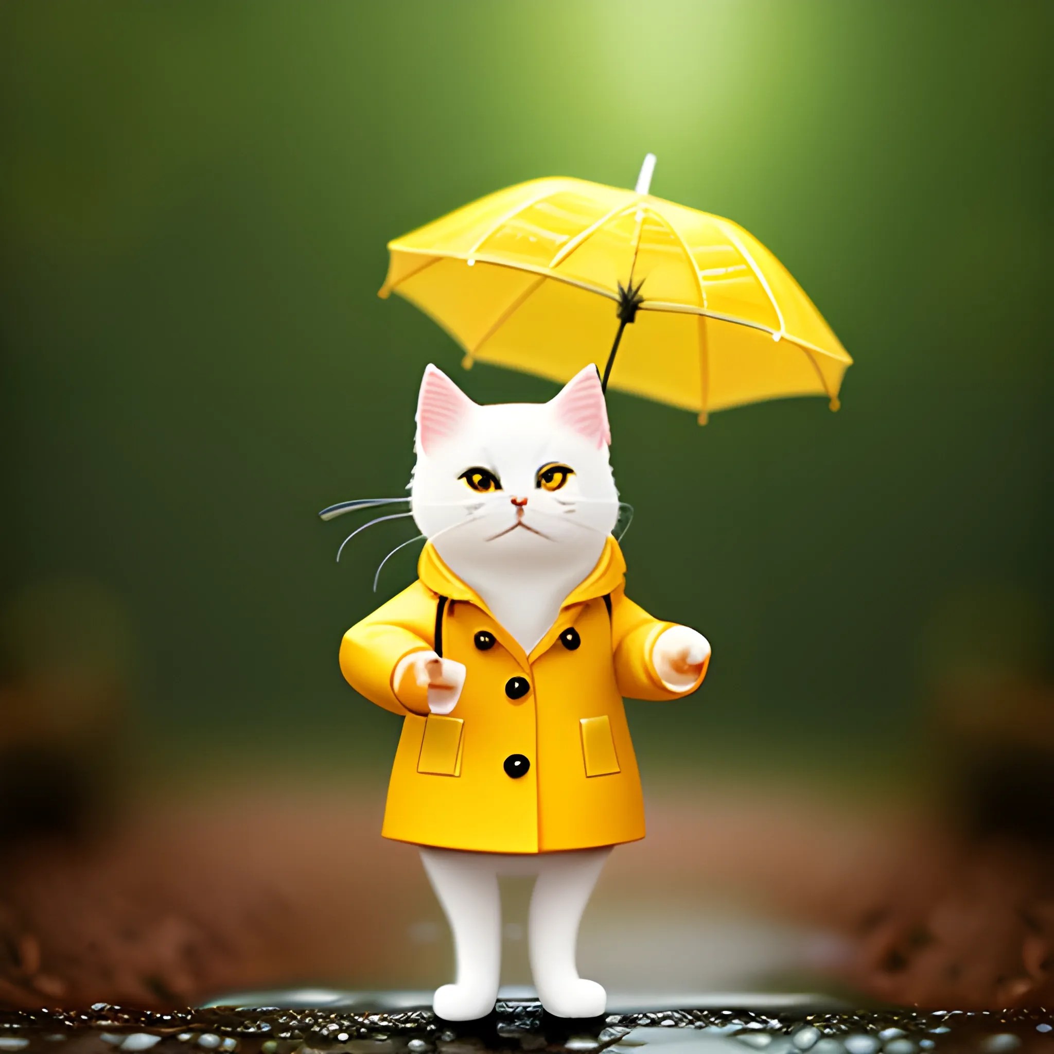 white background,tiny cute (happy1. 4) cat in a (yellow raincoat