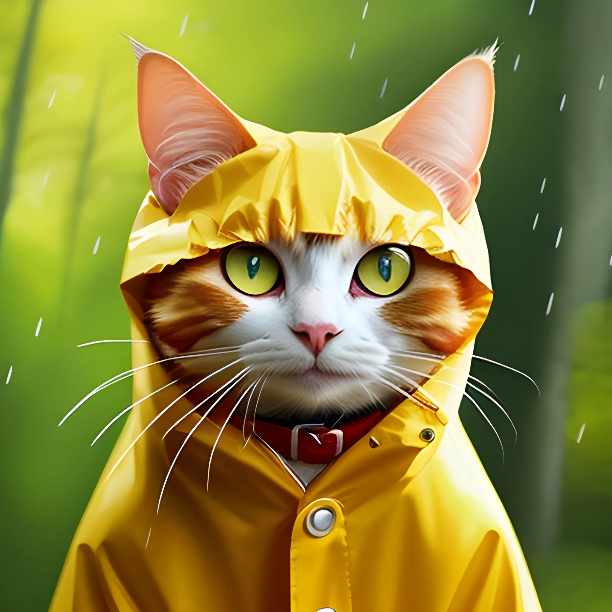 white background,tiny cute (happy1. 4) cat in a (yellow raincoat