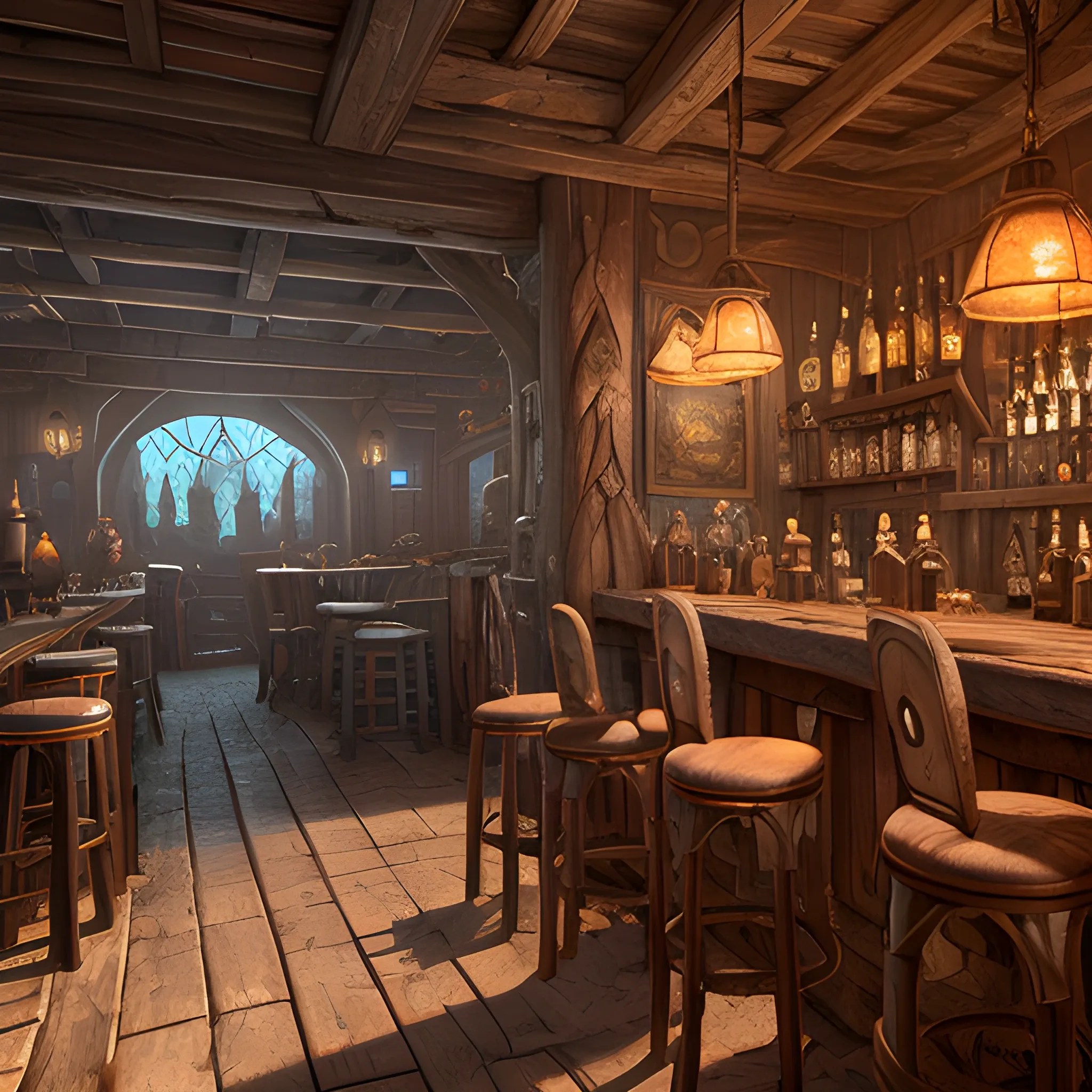 tavern, inn, view from inside, beer, high fantasy, 8k, high res