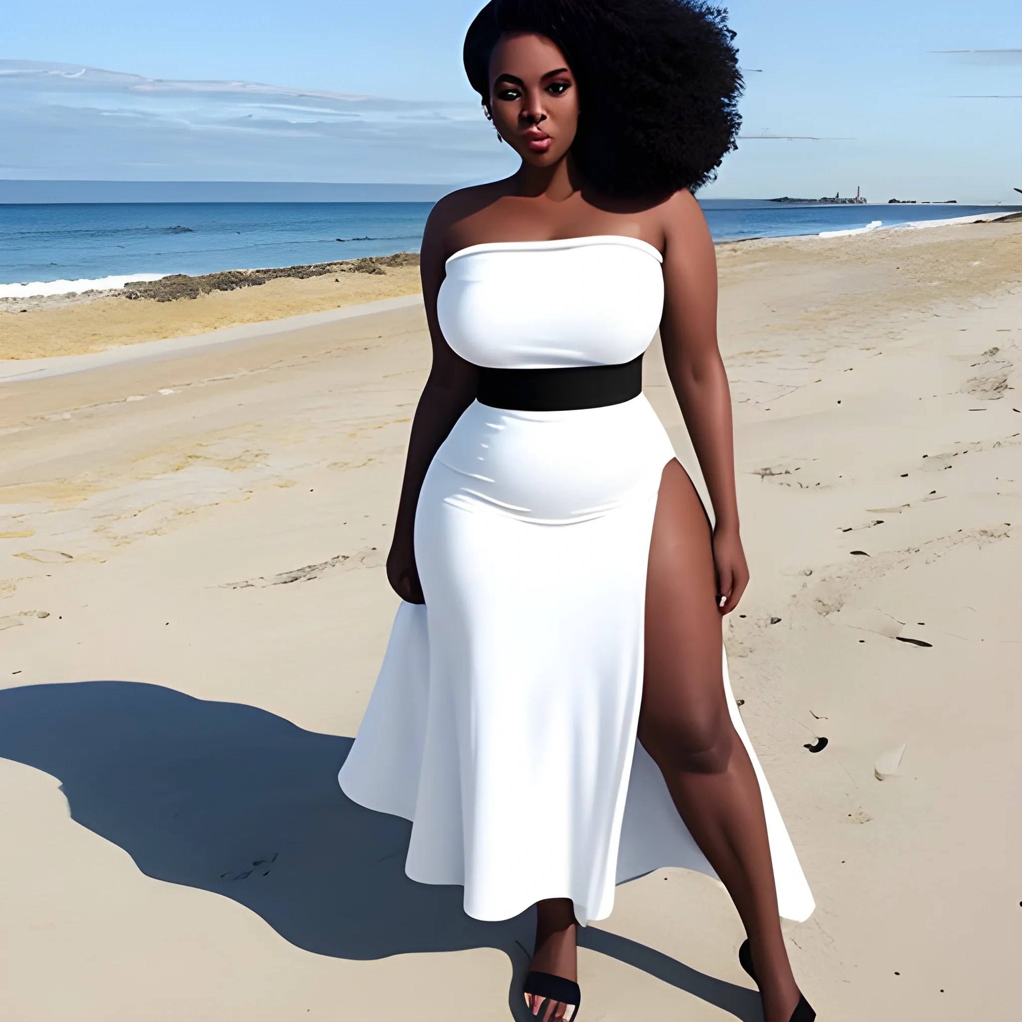 Black+tall+curvy women+wearing white dress+ standing at the beach