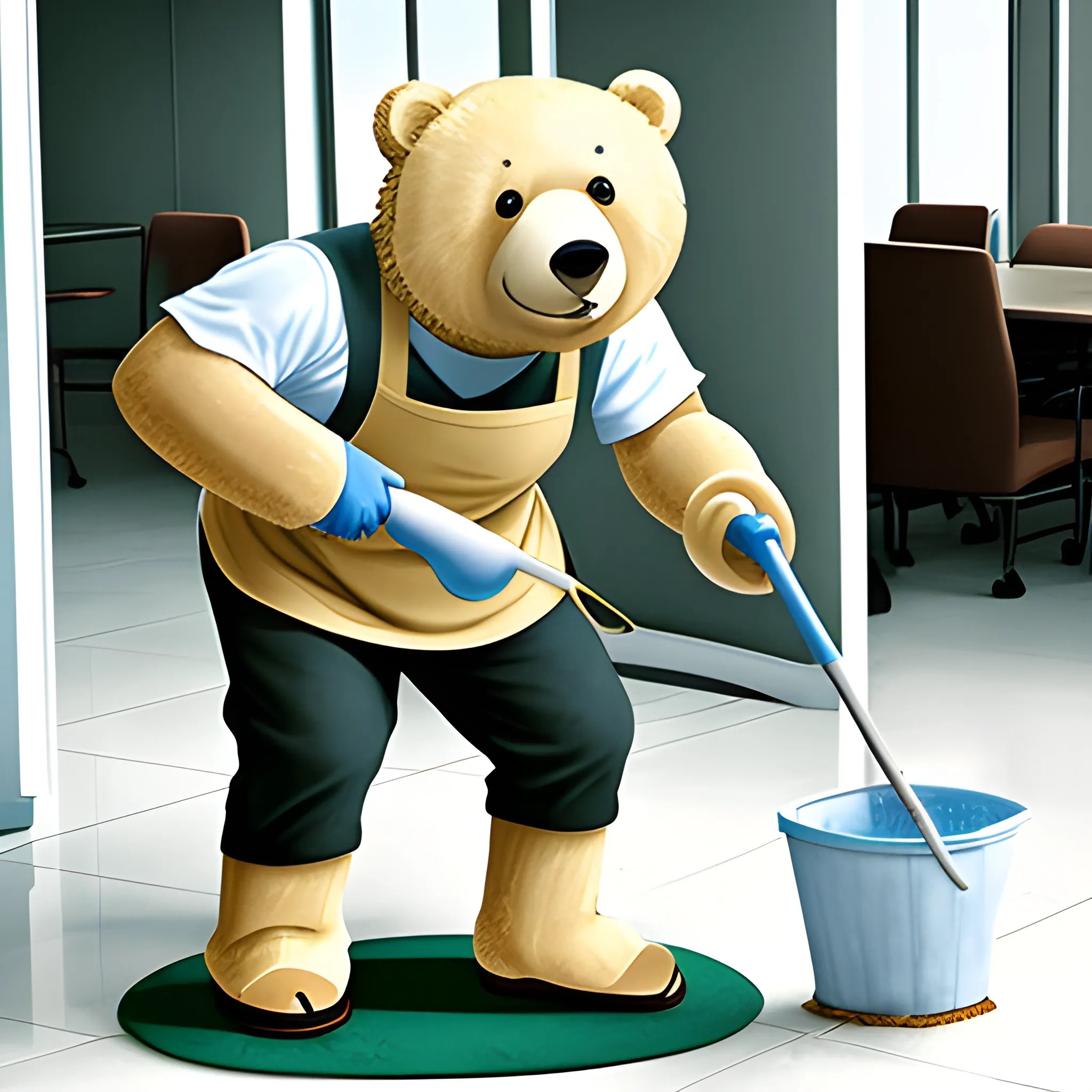 a bear dressed in an apron cleaning the common areas of a compan