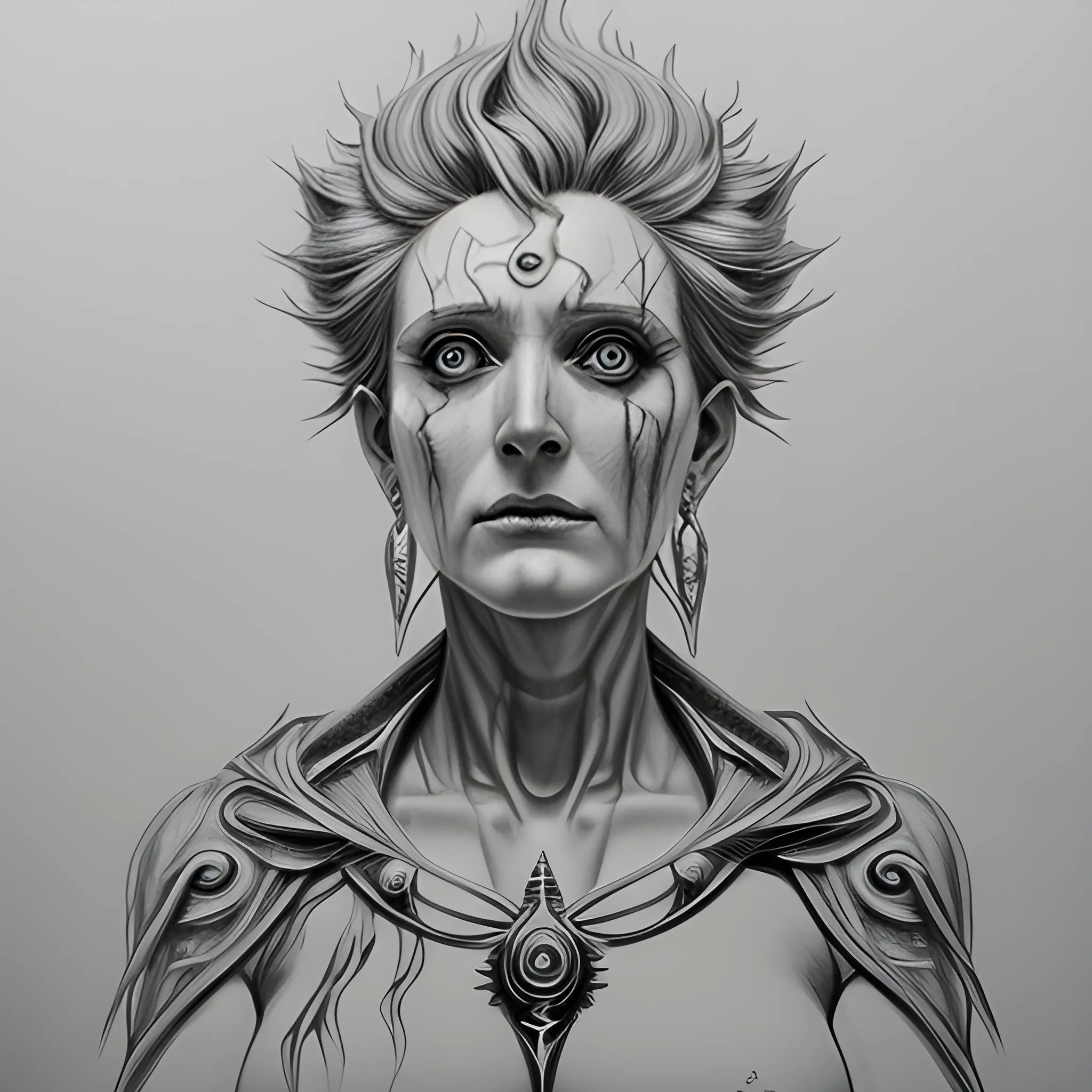 Moira, goddess of fate, hyperrealistic, ultra psychotic, Pencil