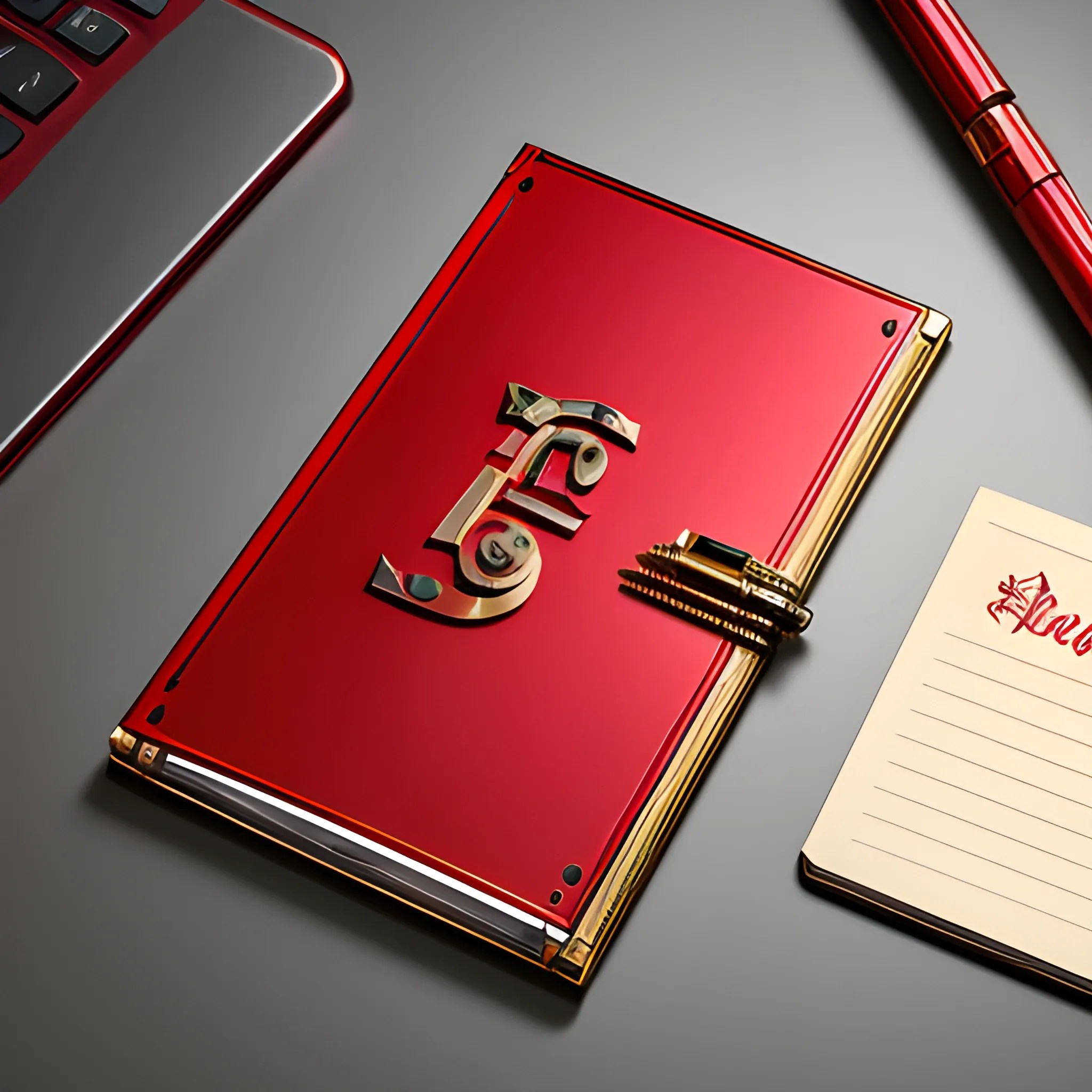 it's a logo with a metal notepad cover, metallic red and metalli